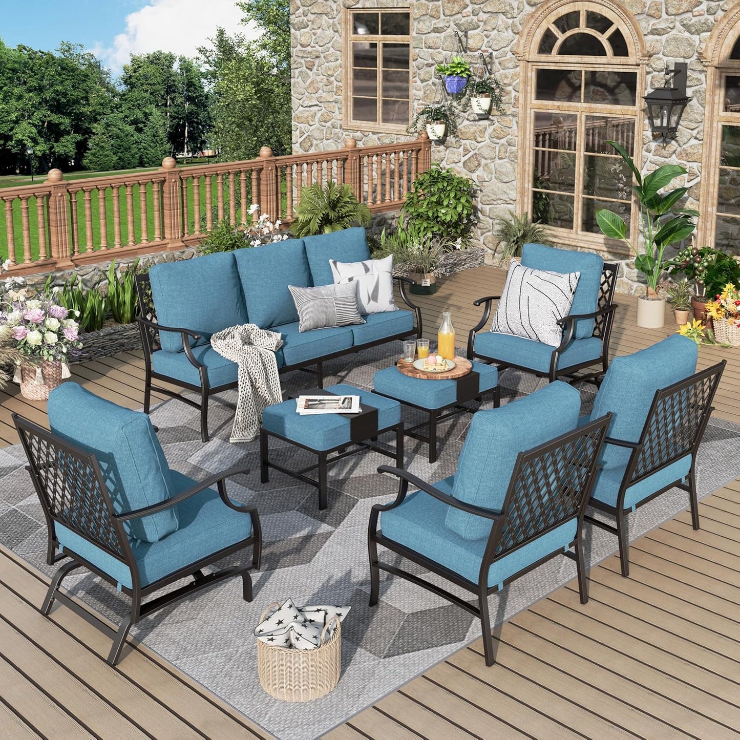 Patio Furniture Set 7 pcs, Outdoor Patio Furniture, 3-Seat Sofa, 2 Single Chairs, 2 Rocking Chairs, 2 Ottomans and 5.75" Extra Thick Cushion, Patio Conversation Set for Backyard Deck,Beige