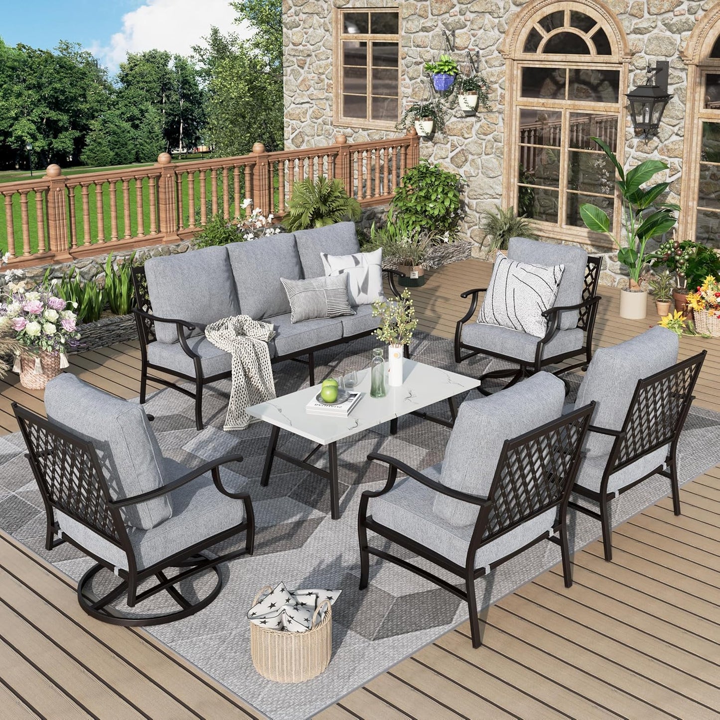 Patio Furniture Set 6 pcs, Outdoor Patio Furniture, 1 X 3-Seat Sofa, 2 X Single Chairs, 2 X Swivel Chairs, 1 X Coffee Table and 5.75" Extra Thick Cushion, Patio Conversation Set,Gemstone Blue