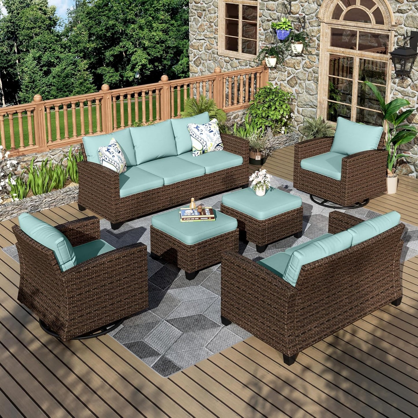 Swivel Glider Patio Furniture Set, 8 Pcs Wicker Rattan Outdoor Conversation Set, 2 x Swivel Chairs, 2 x Leg Chairs, 1 x 3 Seater Sofa and 2 x Ottomans and 56" Fire Pit Table, Blue