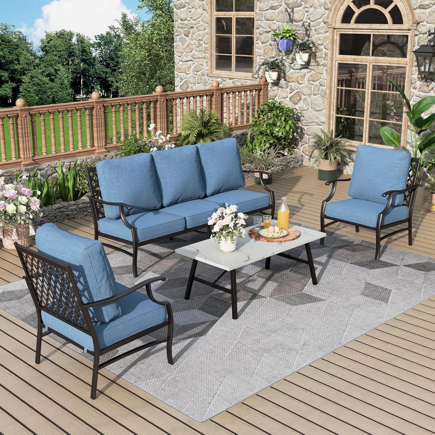 Patio Furniture Set 6 pcs, Outdoor Patio Furniture, 1 X 3-Seat Sofa, 2 X Single Chairs, 2 X Swivel Chairs, 1 X Coffee Table and 5.75" Extra Thick Cushion, Patio Conversation Set,Gemstone Blue