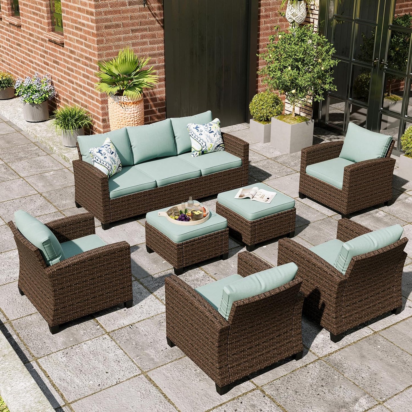 Swivel Glider Patio Furniture Set, 8 Pcs Wicker Rattan Outdoor Conversation Set, 2 x Swivel Chairs, 2 x Leg Chairs, 1 x 3 Seater Sofa and 2 x Ottomans and 56" Fire Pit Table, Blue