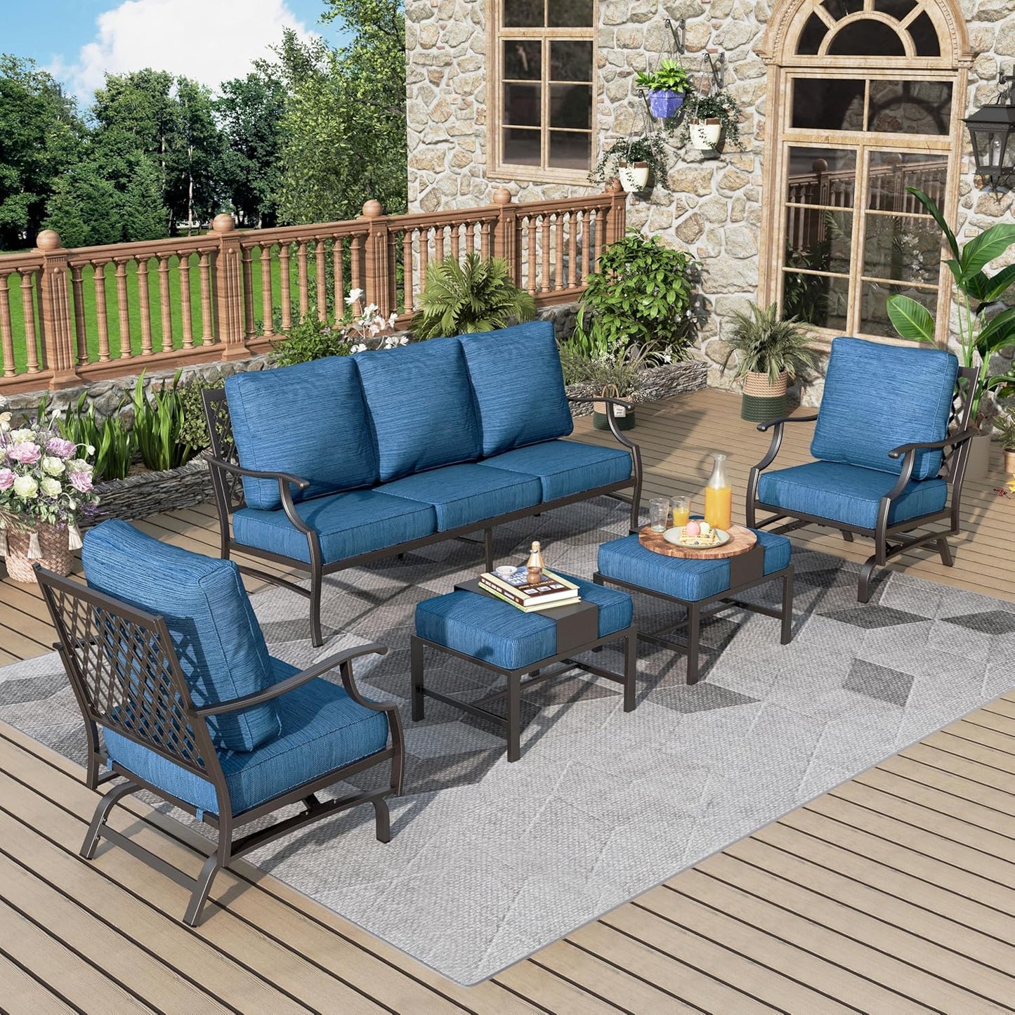 Patio Furniture Set 7 pcs, Outdoor Patio Furniture, 3-Seat Sofa, 2 Single Chairs, 2 Rocking Chairs, 2 Ottomans and 5.75" Extra Thick Cushion, Patio Conversation Set for Backyard Deck,Beige