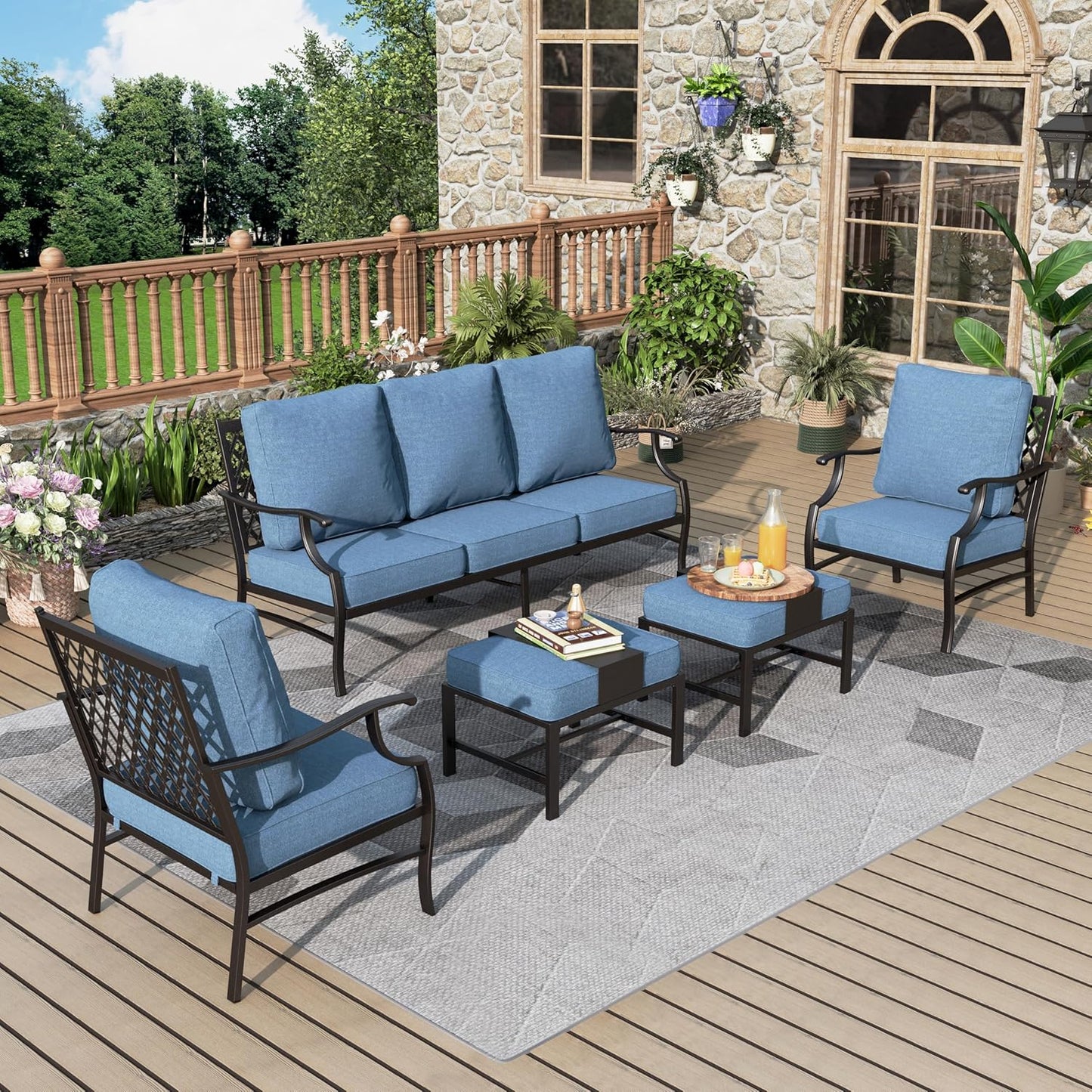 Patio Furniture Set 7 pcs, Outdoor Patio Furniture, 3-Seat Sofa, 2 Single Chairs, 2 Rocking Chairs, 2 Ottomans and 5.75" Extra Thick Cushion, Patio Conversation Set for Backyard Deck,Beige