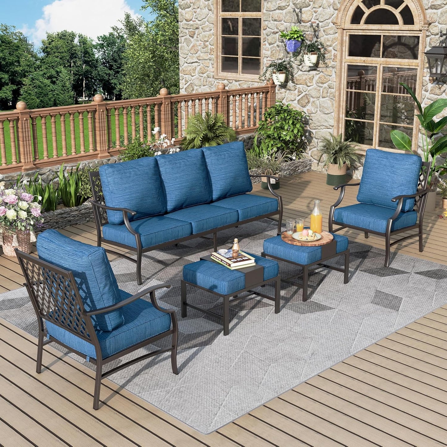 Patio Furniture Set 7 pcs, Outdoor Patio Furniture, 3-Seat Sofa, 2 Single Chairs, 2 Rocking Chairs, 2 Ottomans and 5.75" Extra Thick Cushion, Patio Conversation Set for Backyard Deck,Beige