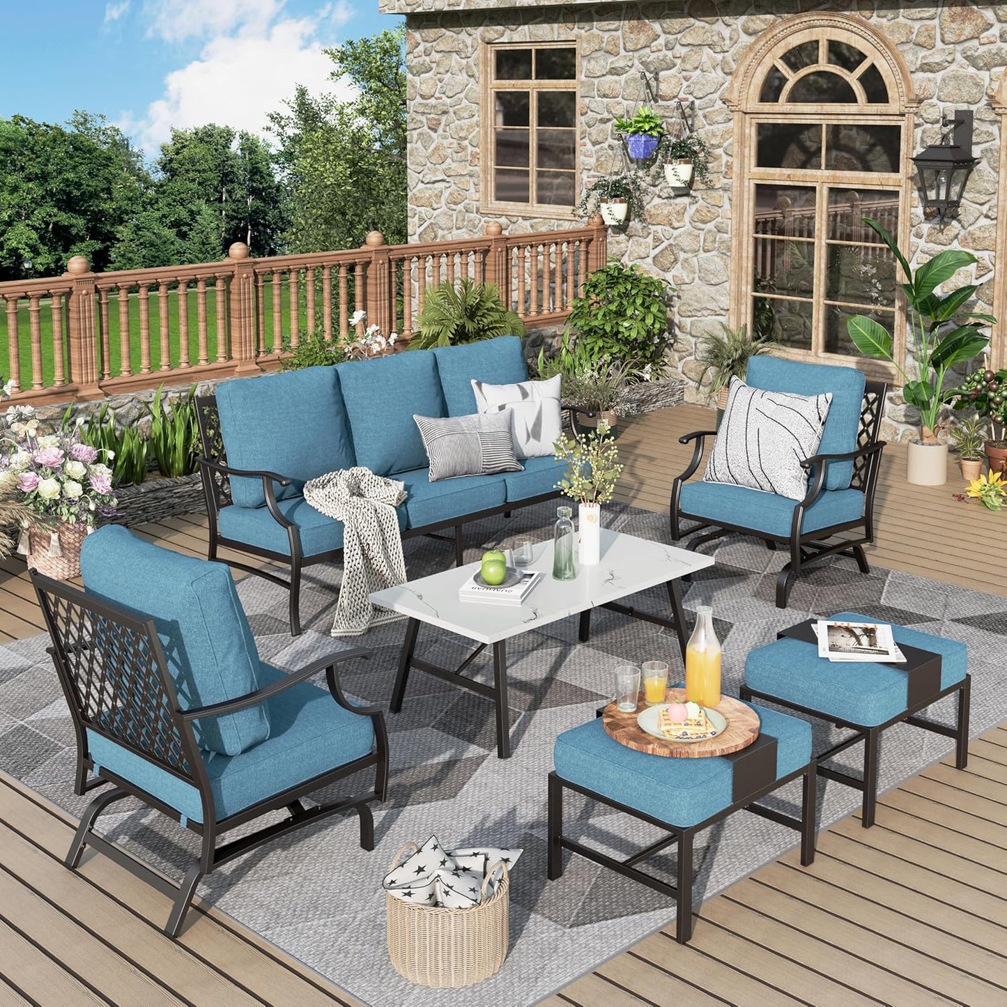 Patio Furniture Set 6 pcs, Outdoor Patio Furniture, 1 X 3-Seat Sofa, 2 X Single Chairs, 2 X Swivel Chairs, 1 X Coffee Table and 5.75" Extra Thick Cushion, Patio Conversation Set,Gemstone Blue