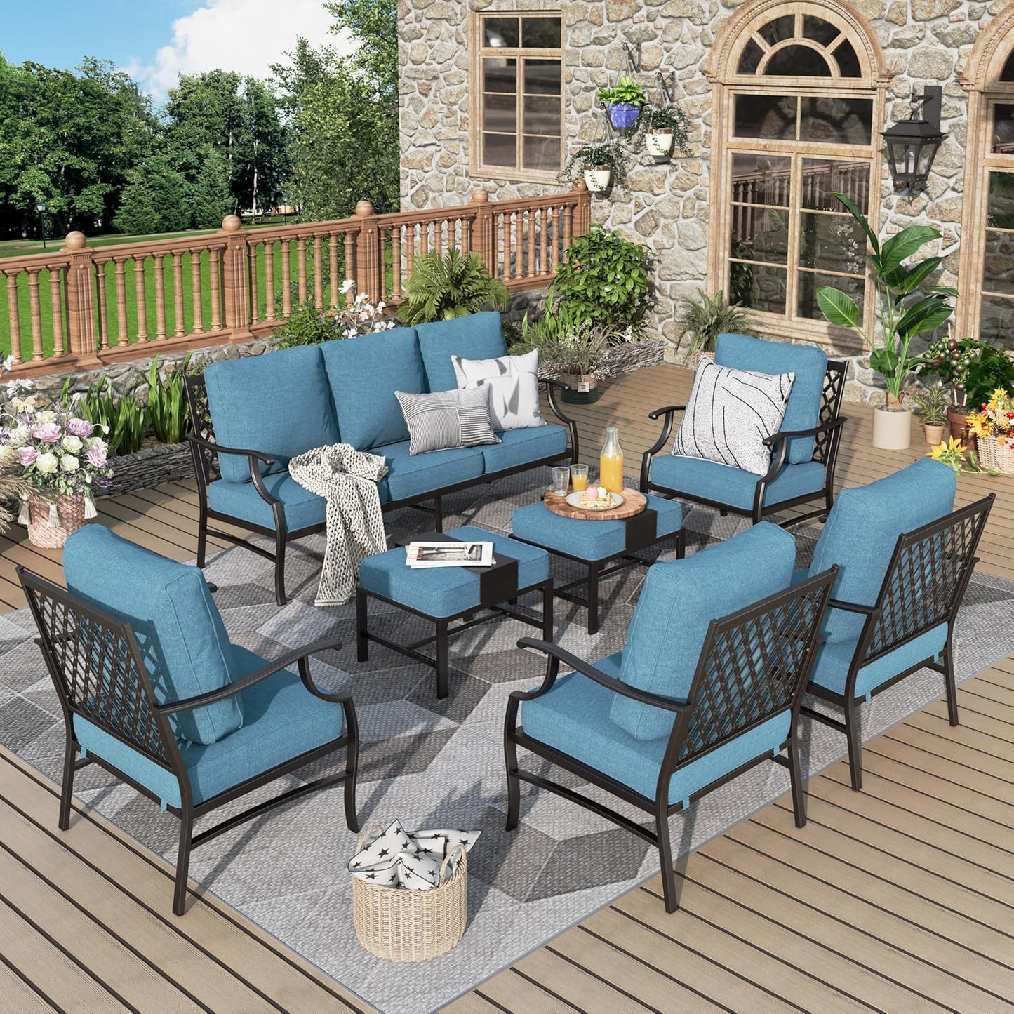 Patio Furniture Set 7 pcs, Outdoor Patio Furniture, 3-Seat Sofa, 2 Single Chairs, 2 Rocking Chairs, 2 Ottomans and 5.75" Extra Thick Cushion, Patio Conversation Set for Backyard Deck,Beige