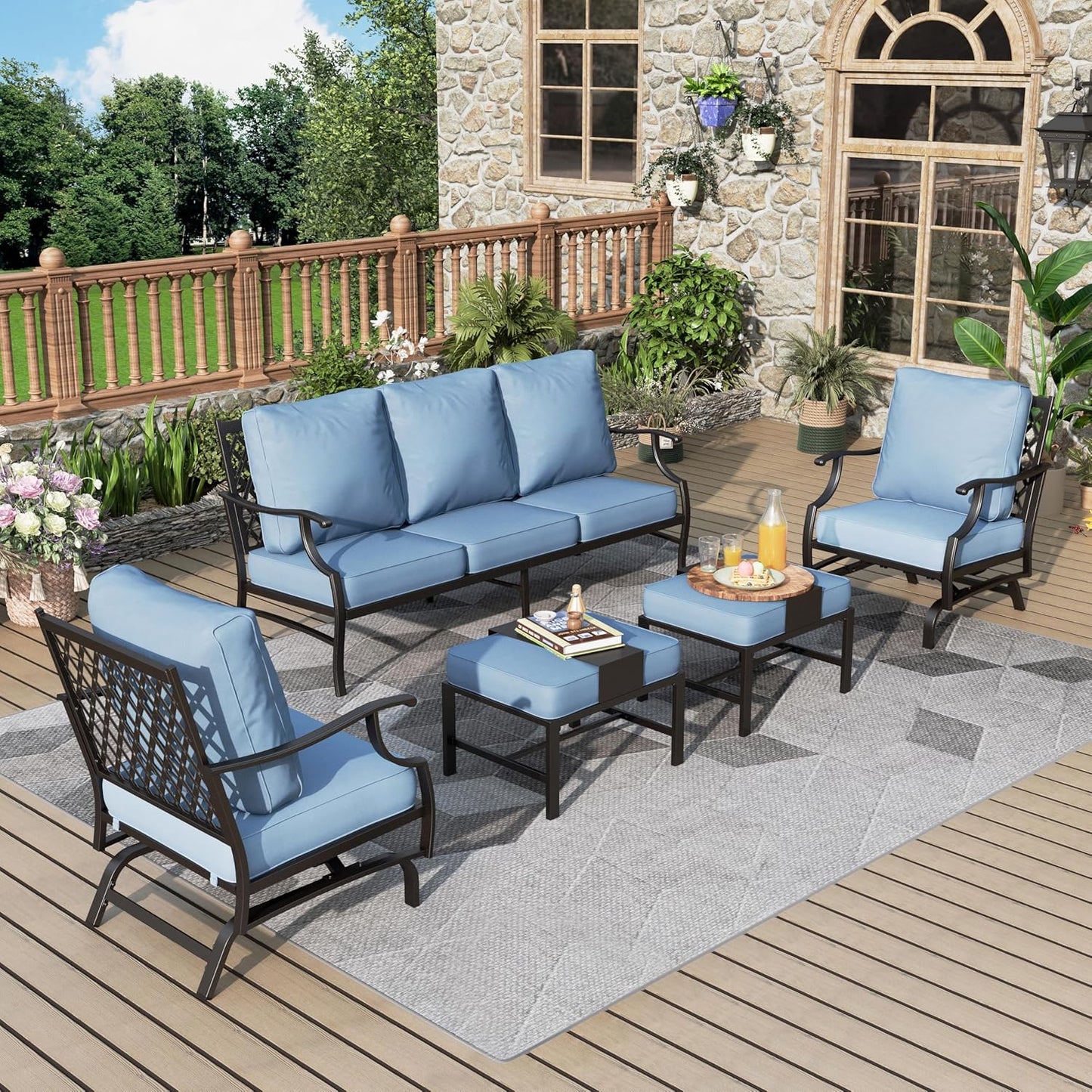 Patio Furniture Set 7 pcs, Outdoor Patio Furniture, 3-Seat Sofa, 2 Single Chairs, 2 Rocking Chairs, 2 Ottomans and 5.75" Extra Thick Cushion, Patio Conversation Set for Backyard Deck,Beige