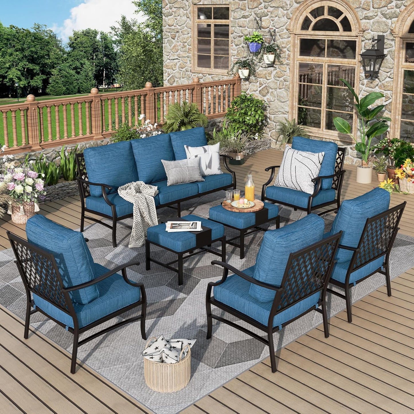 Patio Furniture Set 7 pcs, Outdoor Patio Furniture, 3-Seat Sofa, 2 Single Chairs, 2 Rocking Chairs, 2 Ottomans and 5.75" Extra Thick Cushion, Patio Conversation Set for Backyard Deck,Beige
