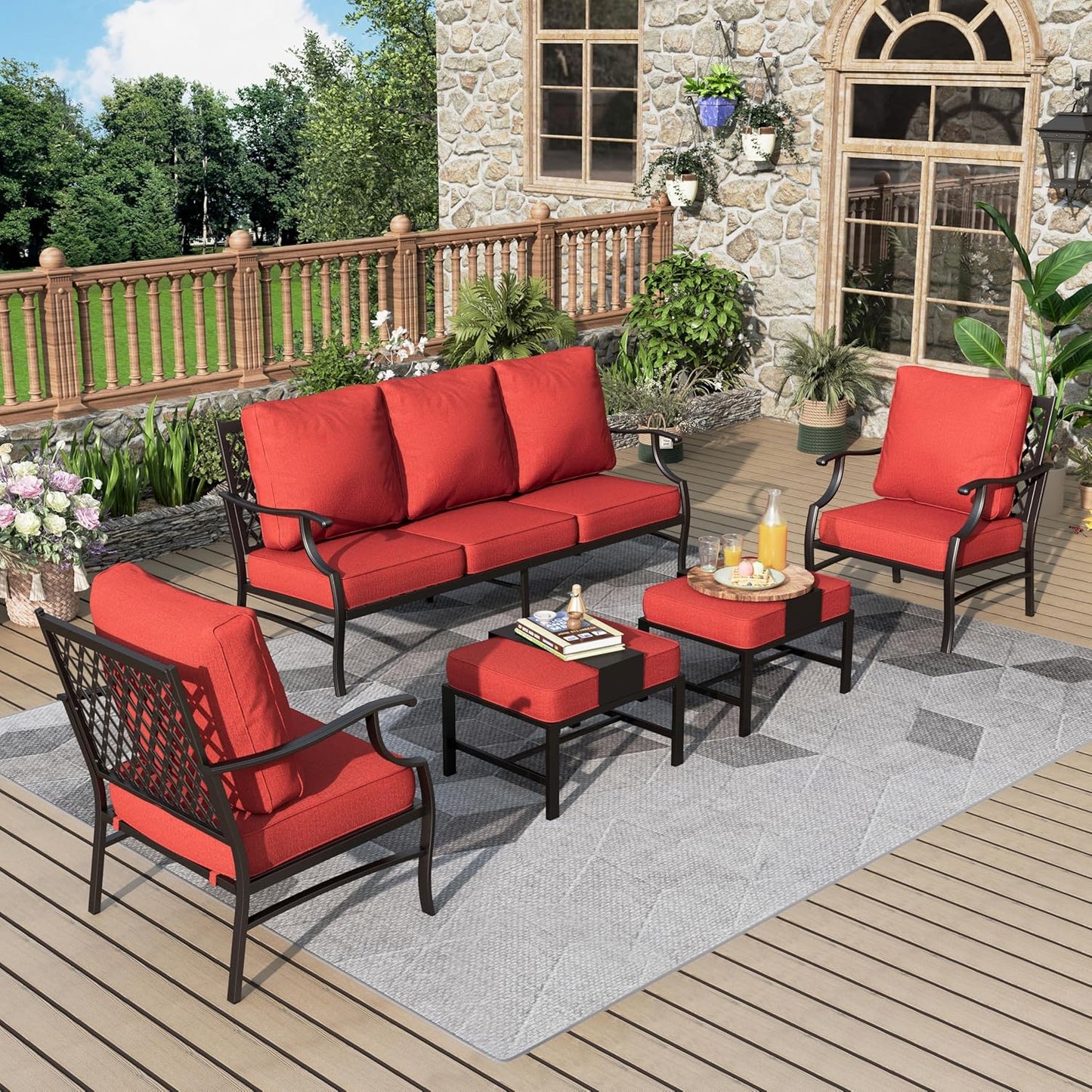 Patio Furniture Set 7 pcs, Outdoor Patio Furniture, 3-Seat Sofa, 2 Single Chairs, 2 Rocking Chairs, 2 Ottomans and 5.75" Extra Thick Cushion, Patio Conversation Set for Backyard Deck,Beige