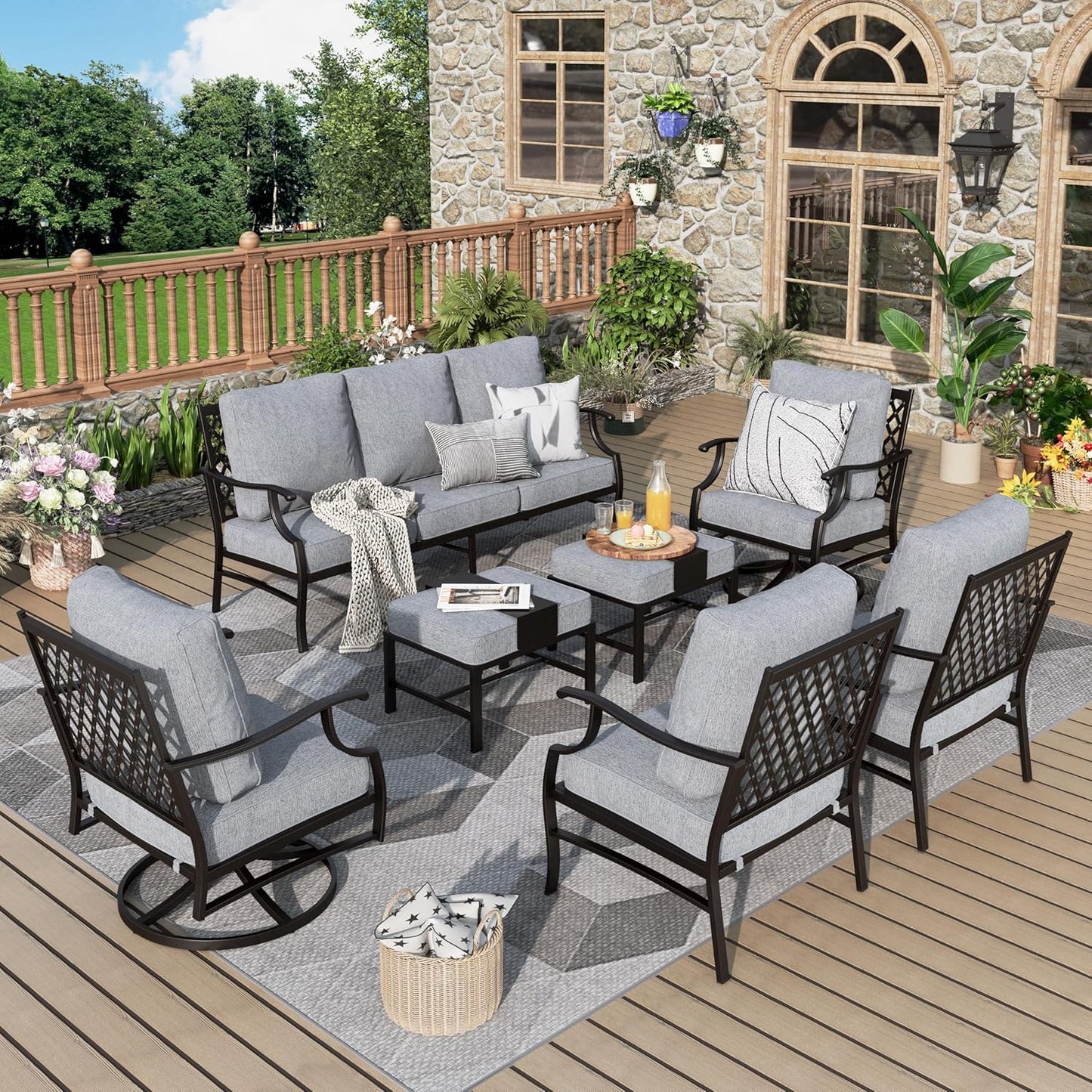Patio Furniture Set 7 pcs, Outdoor Patio Furniture, 3-Seat Sofa, 2 Single Chairs, 2 Rocking Chairs, 2 Ottomans and 5.75" Extra Thick Cushion, Patio Conversation Set for Backyard Deck,Beige