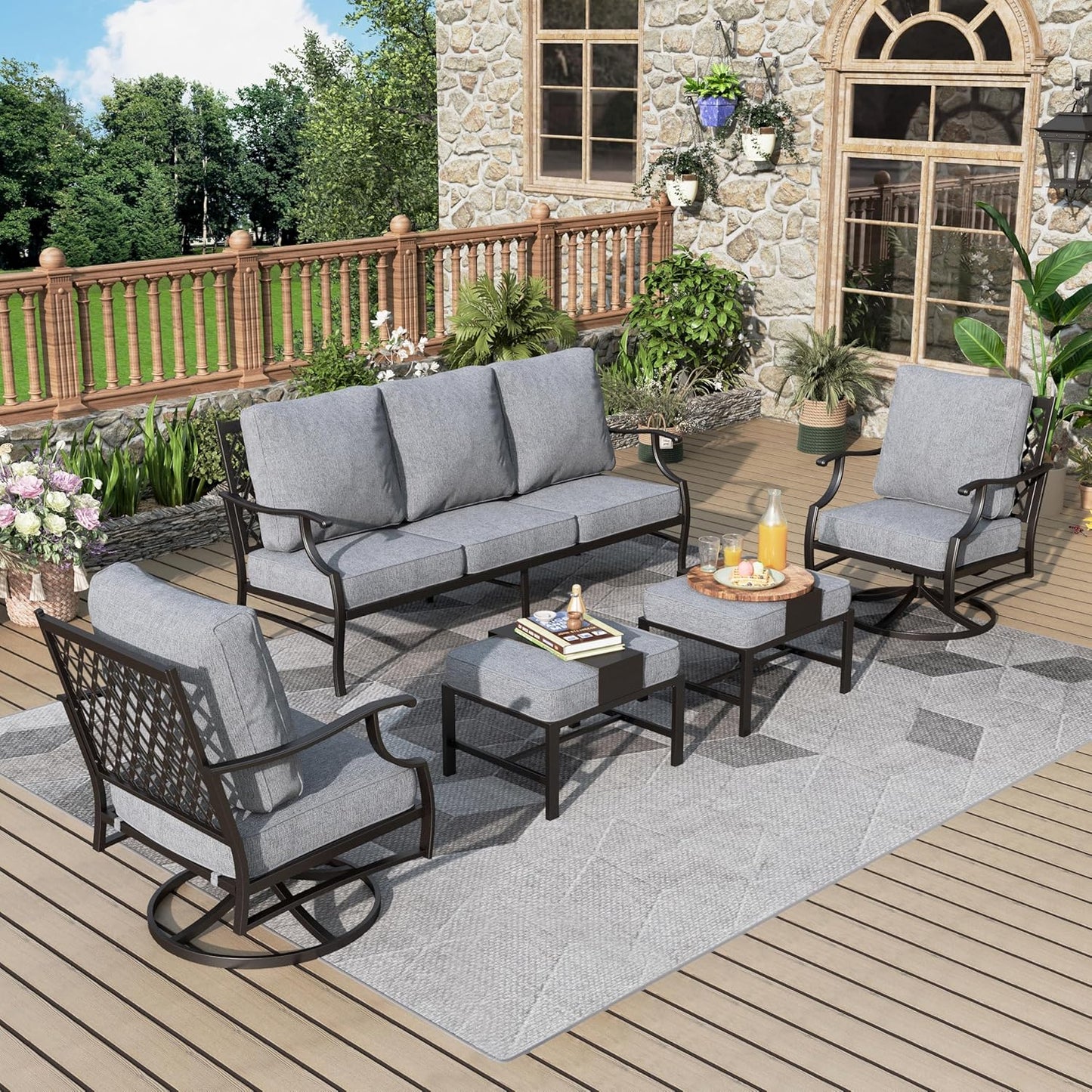 Patio Furniture Set 7 pcs, Outdoor Patio Furniture, 3-Seat Sofa, 2 Single Chairs, 2 Rocking Chairs, 2 Ottomans and 5.75" Extra Thick Cushion, Patio Conversation Set for Backyard Deck,Beige