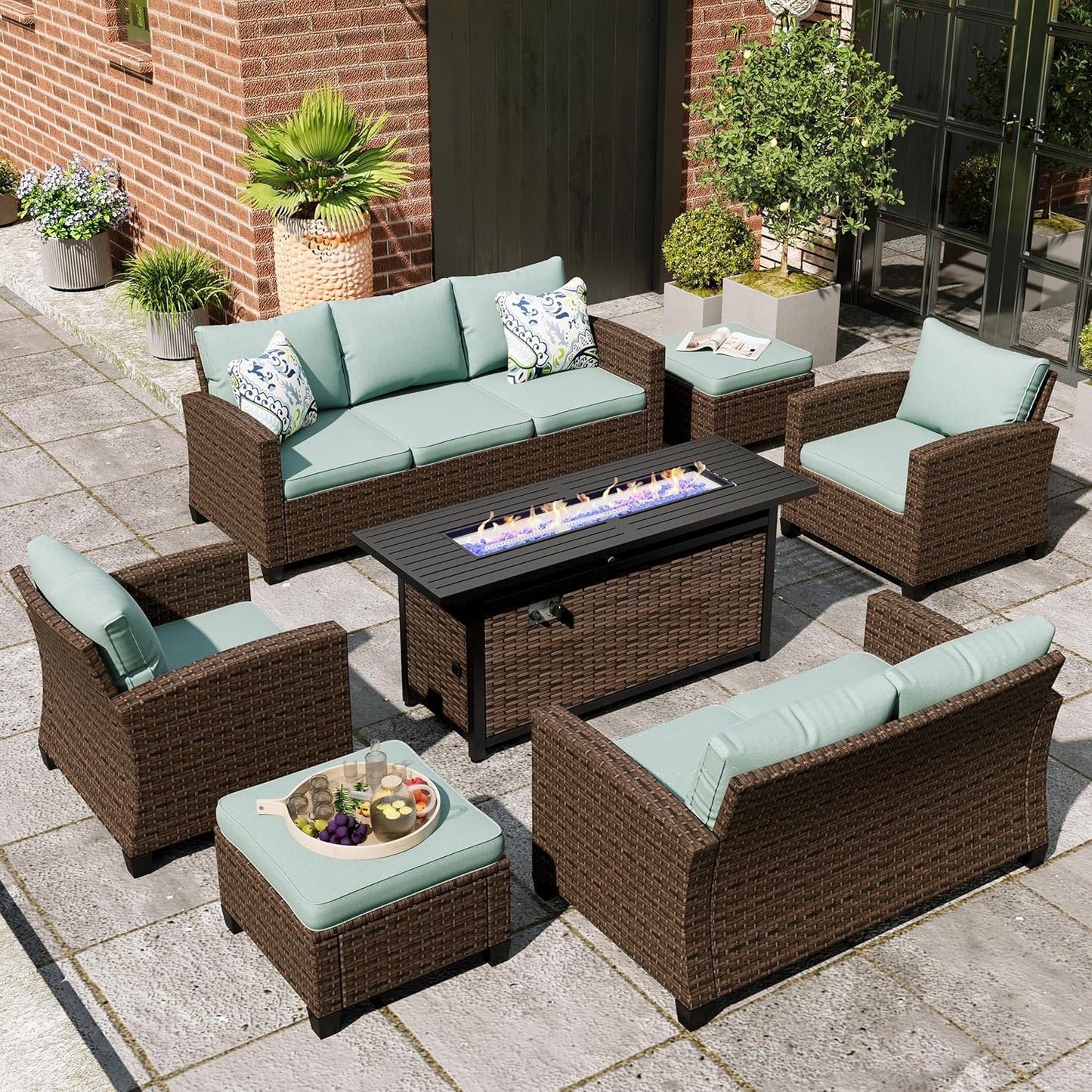 Swivel Glider Patio Furniture Set, 8 Pcs Wicker Rattan Outdoor Conversation Set, 2 x Swivel Chairs, 2 x Leg Chairs, 1 x 3 Seater Sofa and 2 x Ottomans and 56" Fire Pit Table, Blue