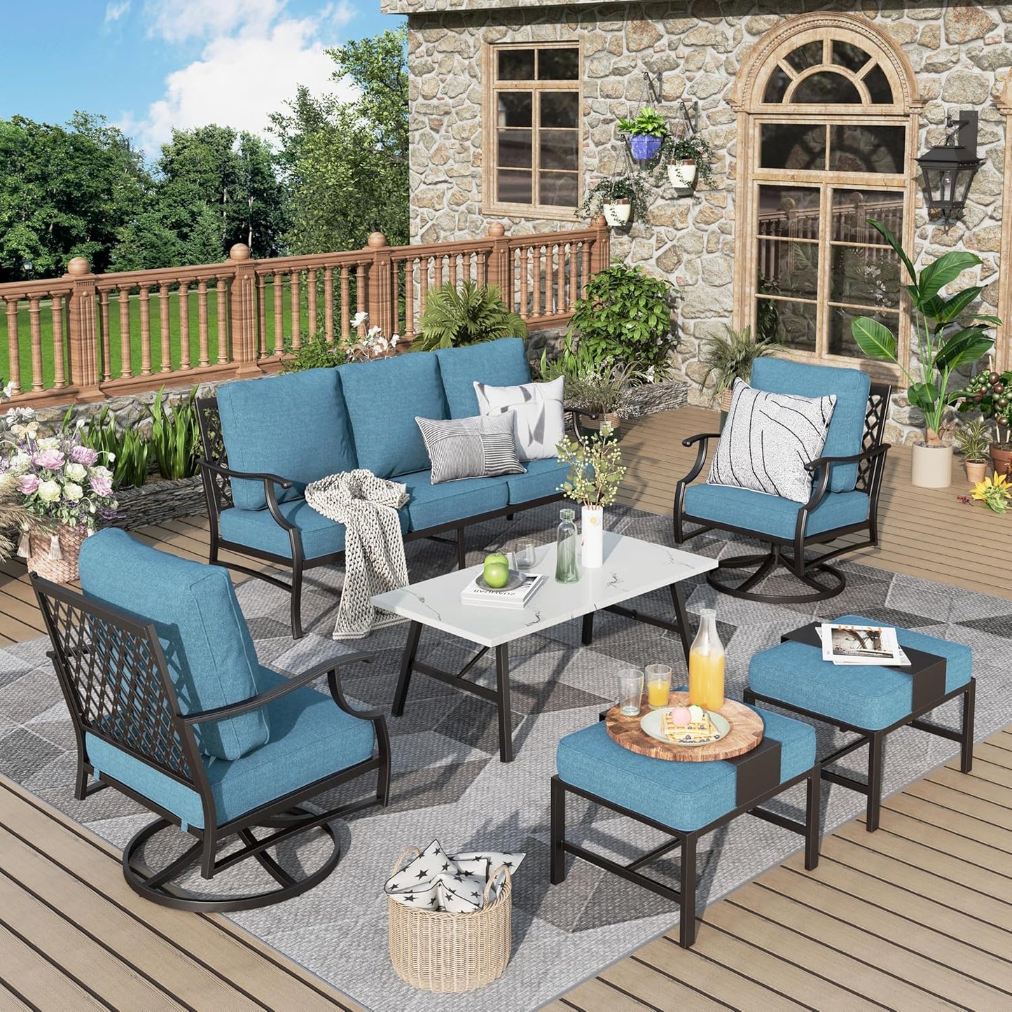 Patio Furniture Set 6 pcs, Outdoor Patio Furniture, 1 X 3-Seat Sofa, 2 X Single Chairs, 2 X Swivel Chairs, 1 X Coffee Table and 5.75" Extra Thick Cushion, Patio Conversation Set,Gemstone Blue