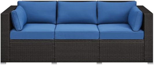 Yaheetech 3-Seat Patio Wicker Sofa, Outdoor Rattan Couch with Furniture Cover, Deep Seat High Back with Cushions & Throw Pillows for Deck/Porch/Balcony/Yard, Brown/Dark Blue