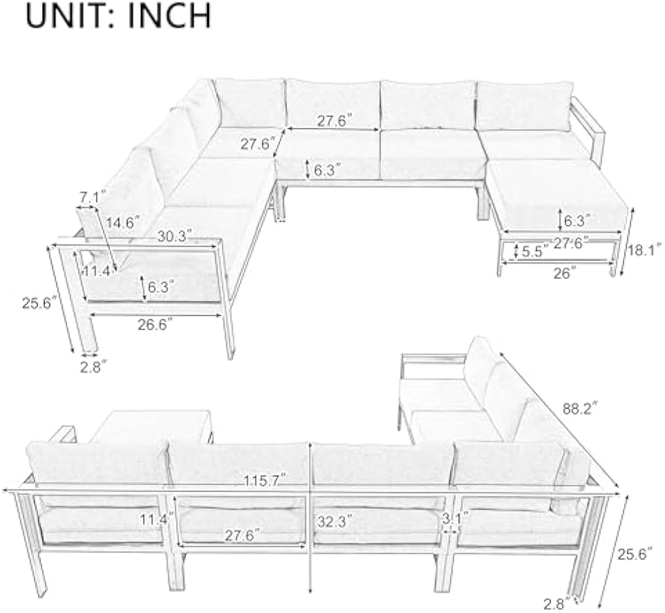 Outdoor Conversation Sofa - U-Shaped Aluminum Conversation Seating Sofa with Thick Cushions, Comfy Modern All Weather Patio Furniture for Backyard Poolside Porch Balcony Deck, White