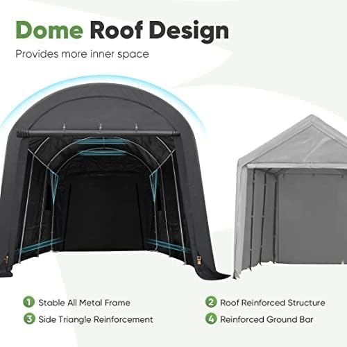 ADVANCE OUTDOOR 10X15 ft Storage Shed Carport Steel Metal Round Peak Roof Portable Garage Shelter for Motorcycle, Boat, and Garden Tools with 2 Roll up Doors & Vents-Dark Gray