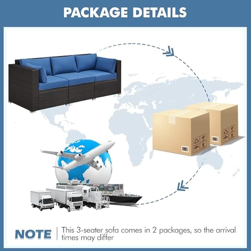 Yaheetech 3-Seat Patio Wicker Sofa, Outdoor Rattan Couch with Furniture Cover, Deep Seat High Back with Cushions & Throw Pillows for Deck/Porch/Balcony/Yard, Brown/Dark Blue