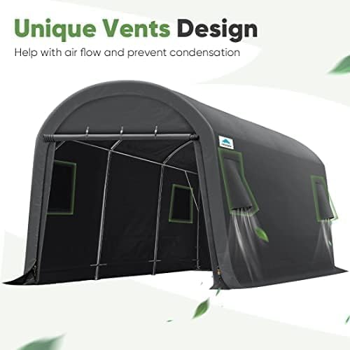 ADVANCE OUTDOOR 10X15 ft Storage Shed Carport Steel Metal Round Peak Roof Portable Garage Shelter for Motorcycle, Boat, and Garden Tools with 2 Roll up Doors & Vents-Dark Gray