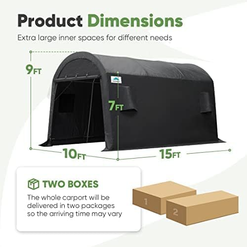 ADVANCE OUTDOOR 10X15 ft Storage Shed Carport Steel Metal Round Peak Roof Portable Garage Shelter for Motorcycle, Boat, and Garden Tools with 2 Roll up Doors & Vents-Dark Gray