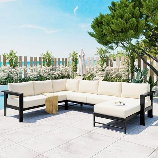 Outdoor Conversation Sofa - U-Shaped Aluminum Conversation Seating Sofa with Thick Cushions, Comfy Modern All Weather Patio Furniture for Backyard Poolside Porch Balcony Deck, White