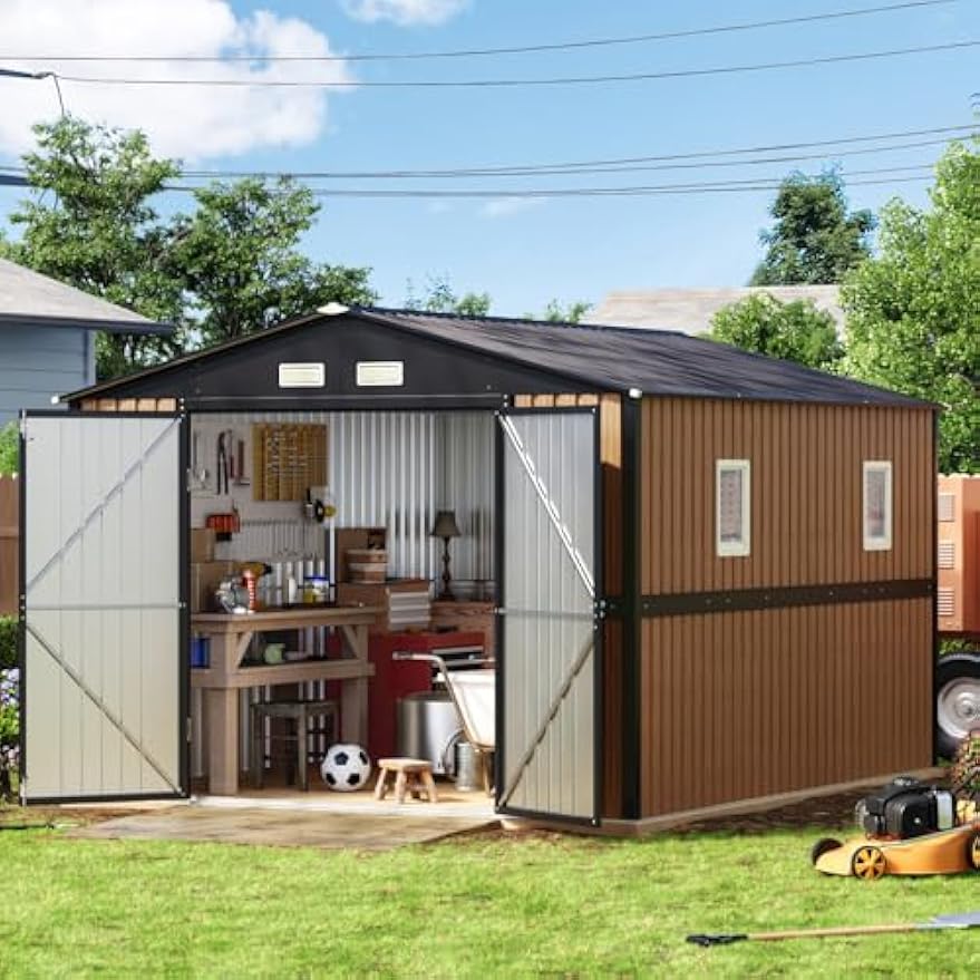 10X12 FT Outdoor Metal Storage Shed with Lockable Doors & 2 Windows, Storage Shed Large with Metal Frame Floor for Patio Storage, Garbage Can, Chicken Coop(Wood Panels Not Included)