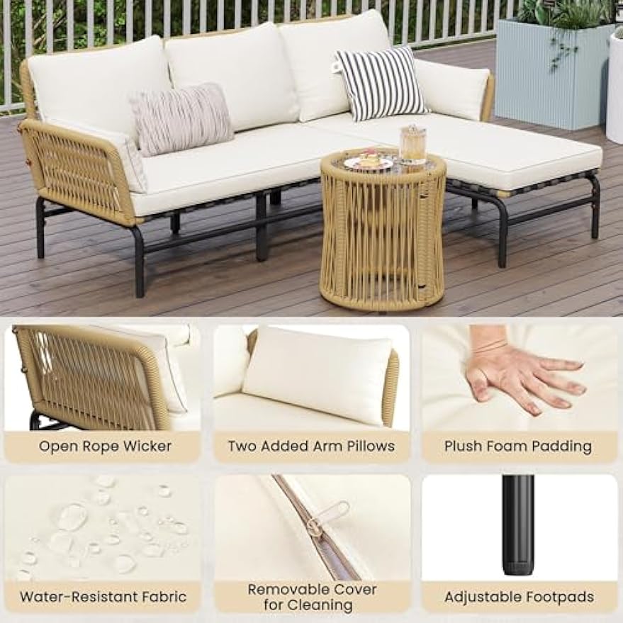 Yaheetech 3 Pieces L-Shaped Conversation Sofa Set, Outdoor Patio Furniture Set w/Detachable Lounger, Thick Cushions, Glass Side Table for Patio, Backyard, Porch, Garden
