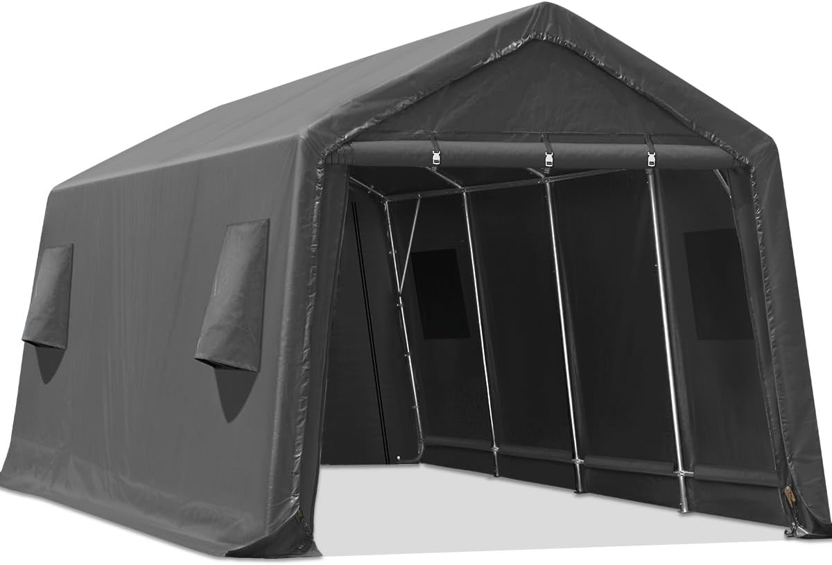 ADVANCE OUTDOOR 10x15 ft Shelter Storage Shed Steel Metal Peak Roof Portable Garage Carports for Motorcycle, Boat or Garden Tools with 2 Roll up Doors & Vents, Beige