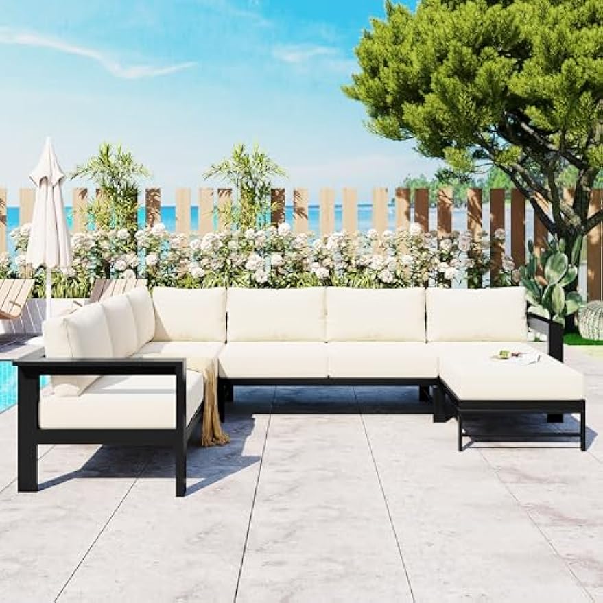 Outdoor Conversation Sofa - U-Shaped Aluminum Conversation Seating Sofa with Thick Cushions, Comfy Modern All Weather Patio Furniture for Backyard Poolside Porch Balcony Deck, White