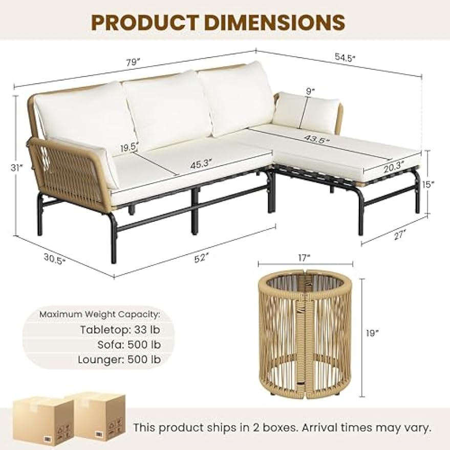 Yaheetech 3 Pieces L-Shaped Conversation Sofa Set, Outdoor Patio Furniture Set w/Detachable Lounger, Thick Cushions, Glass Side Table for Patio, Backyard, Porch, Garden