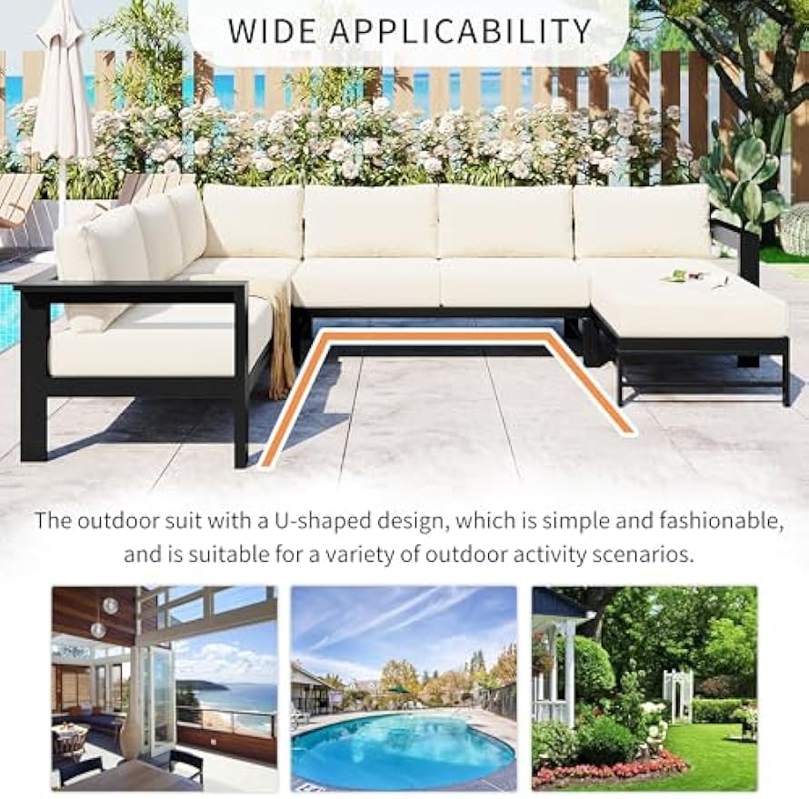 Outdoor Conversation Sofa - U-Shaped Aluminum Conversation Seating Sofa with Thick Cushions, Comfy Modern All Weather Patio Furniture for Backyard Poolside Porch Balcony Deck, White