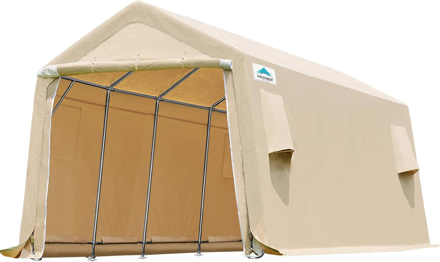 ADVANCE OUTDOOR 10x15 ft Shelter Storage Shed Steel Metal Peak Roof Portable Garage Carports for Motorcycle, Boat or Garden Tools with 2 Roll up Doors & Vents, Beige