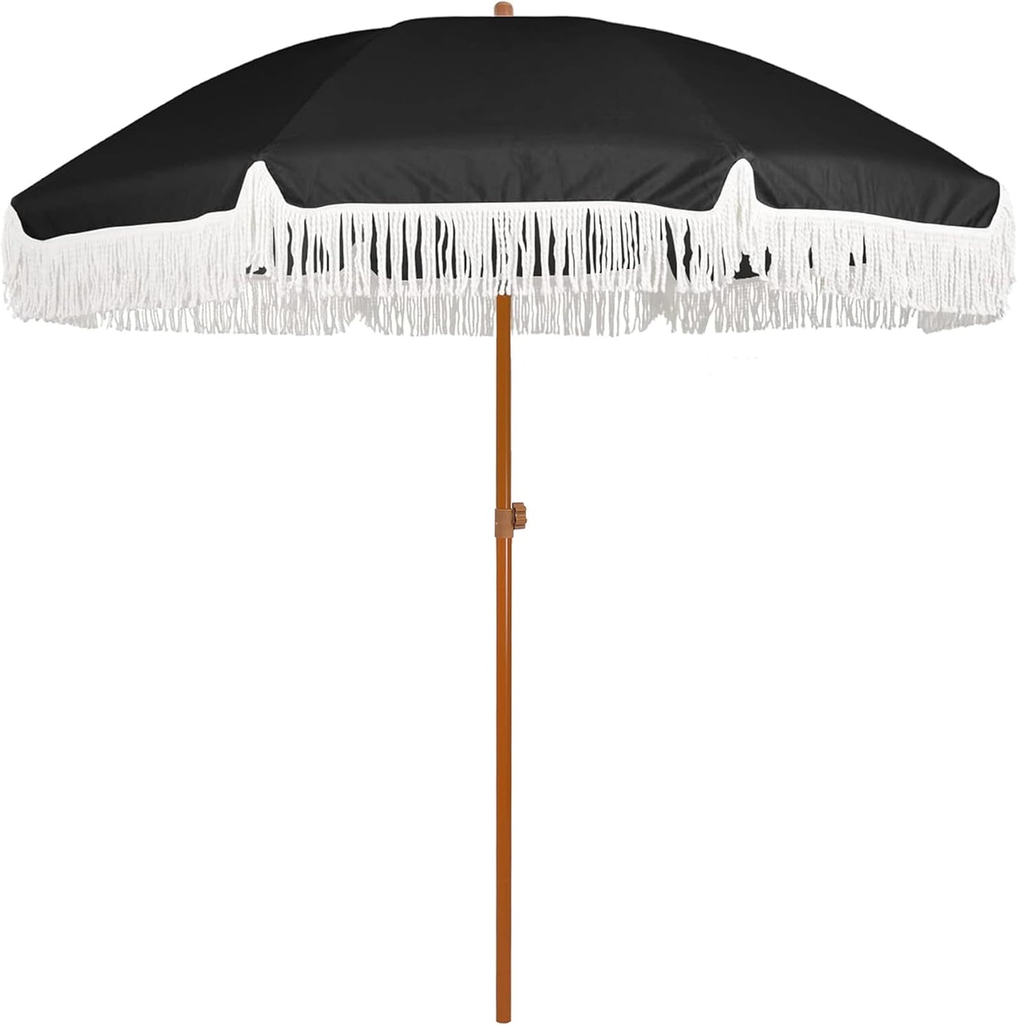 AMMSUN 7ft Patio Umbrella with Fringe Outdoor Tassel Umbrella UPF50+ Premium Steel Pole and Ribs Push Button Tilt, Navy Blue Stripes