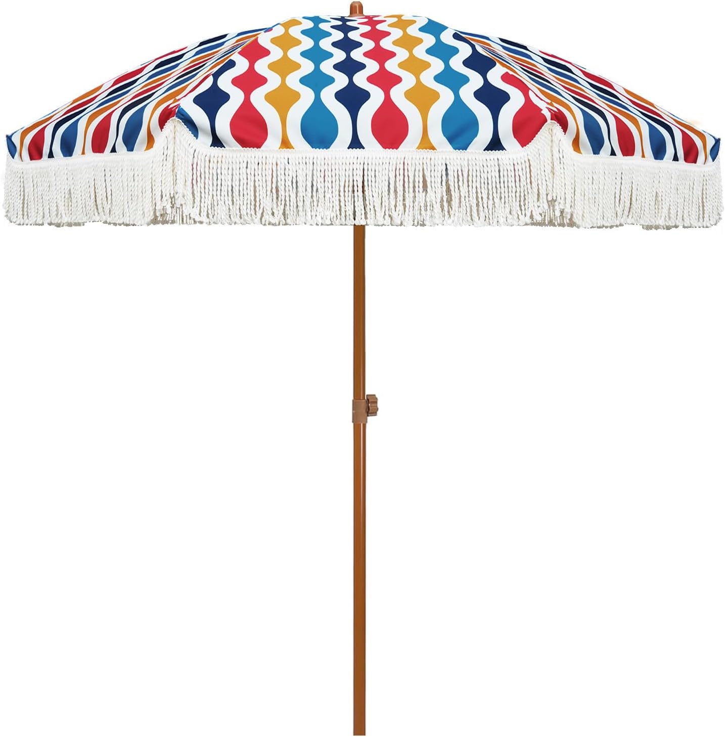 AMMSUN 7ft Patio Umbrella with Fringe Outdoor Tassel Umbrella UPF50+ Premium Steel Pole and Ribs Push Button Tilt, Navy Blue Stripes