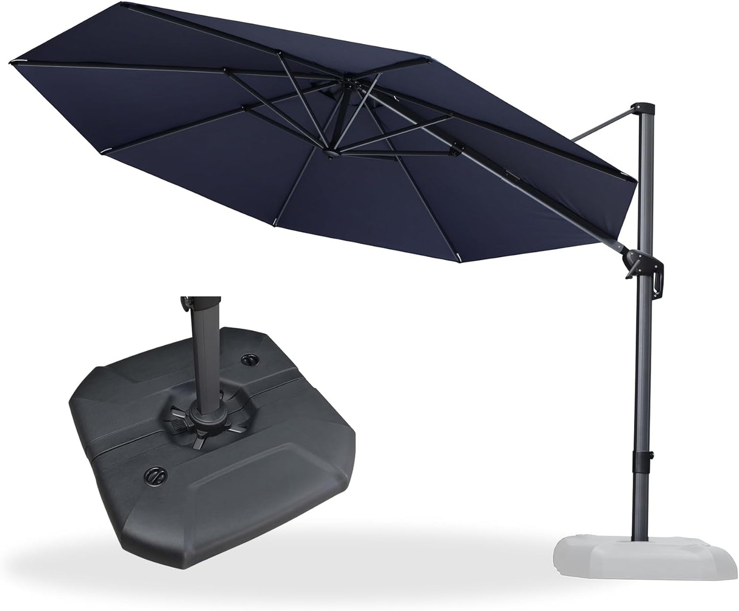 PURPLE LEAF 9' X 11.5' Cantilever Outdoor Rectangle Umbrella Patio Umbrella with Base Offset Umbrella with 360-degree Rotation for Garden Pool Deck Patio Navy Blue