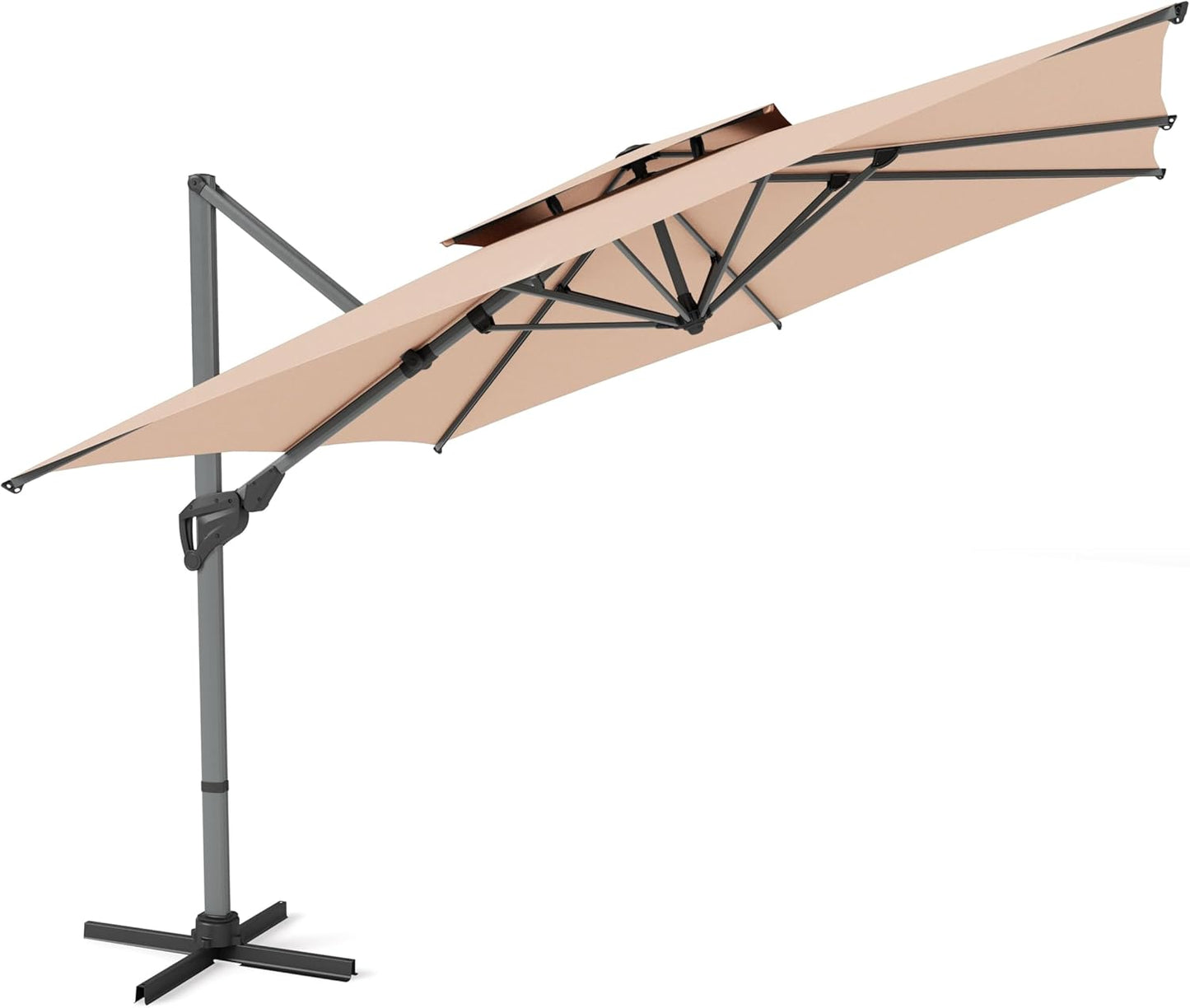 PHI VILLA 10ft Patio Cantilever Umbrella With Base, 360° Rotation & Infinite Tilt Aluminum Square Double Top Outdoor Offset Umbrella, Heavy Duty for Garden Poolside Backyard, Beige