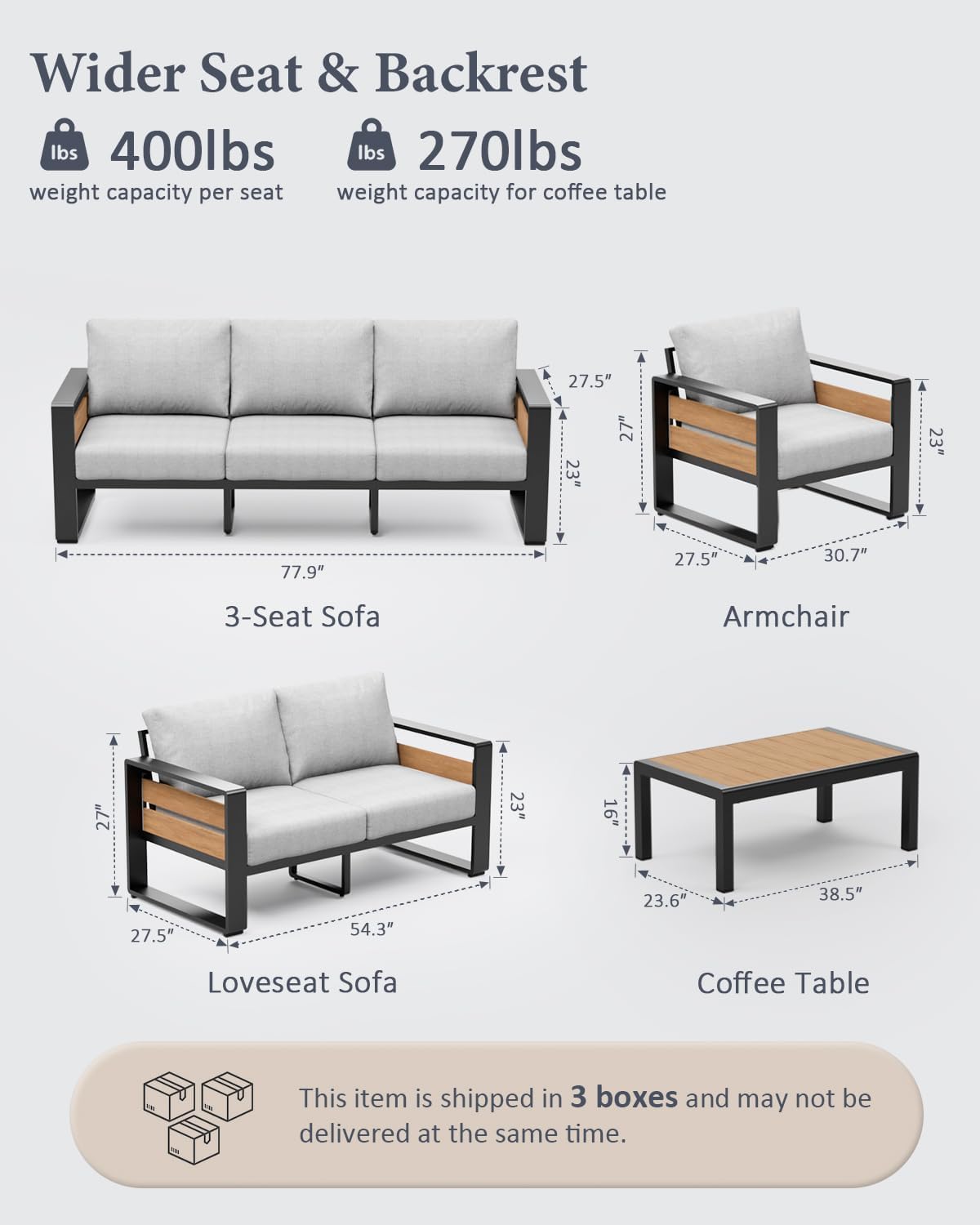 ZANDOR Outdoor Aluminum Patio Furniture - 1 Pcs 3-Seat, All-Weather Metal Modern Outside Sofa with Washable Thick Cushion for Garden/Backyard/Porch, Grey