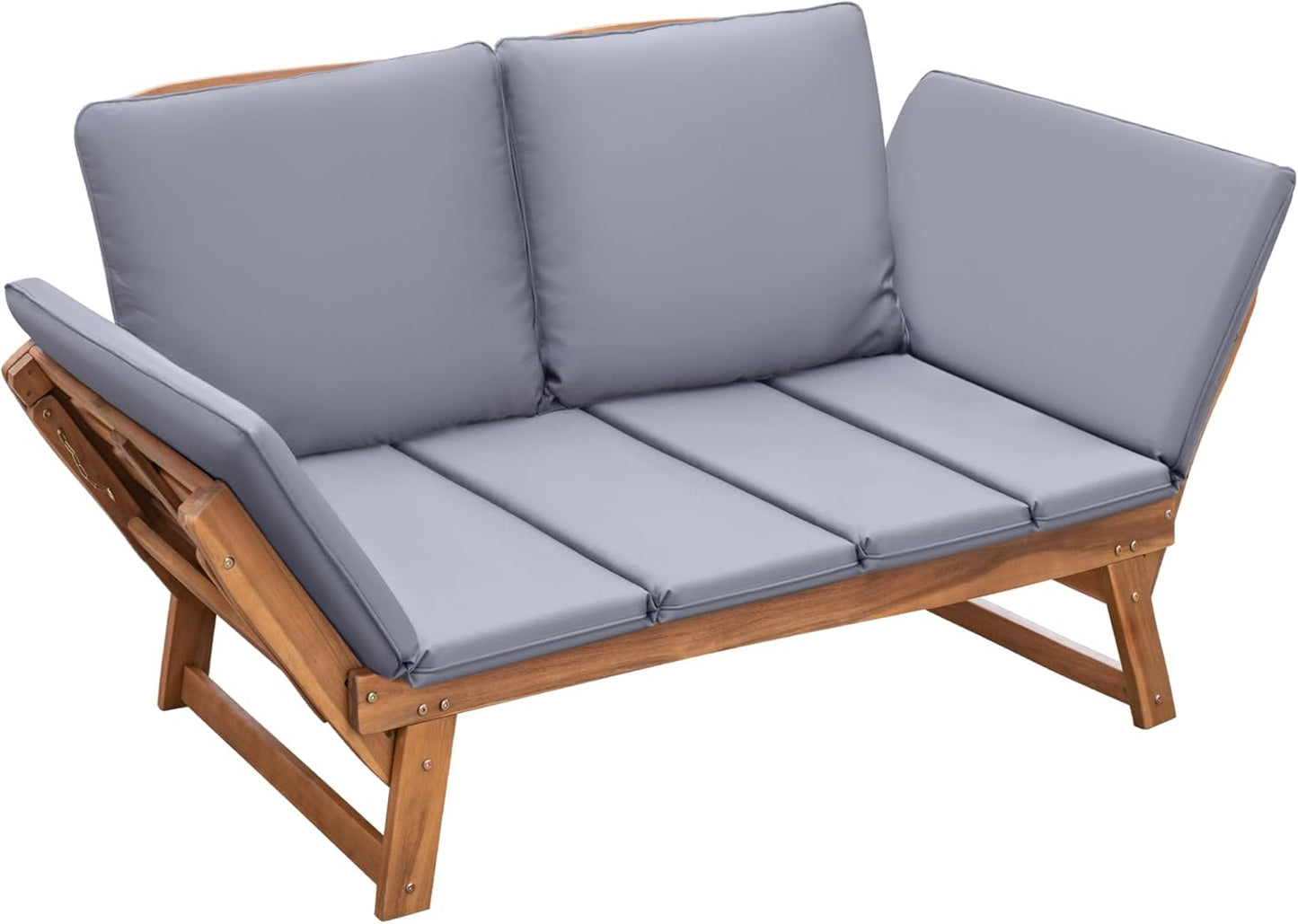 Devoko Outdoor Couch Acacia Wood Patio Couch with Adjustable Armrests,Outdoor Convertible Sofa with Removable Cushions&Pillows for Patio, Porch, Poolside(White)