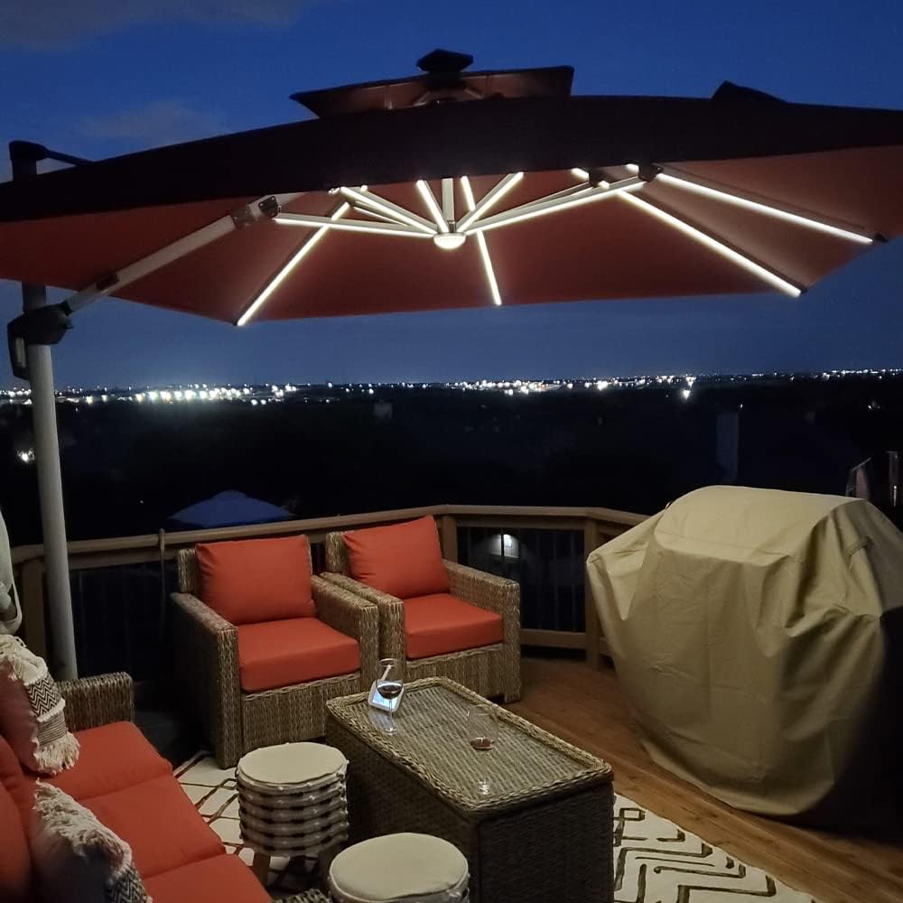 PURPLE LEAF 9' X 12' Solar Powered LED Patio Umbrella Cantilever Umbrellas Offset Double Top Hanging Outdoor Umbrella Market Umbrellas for Garden, Heather Taupe