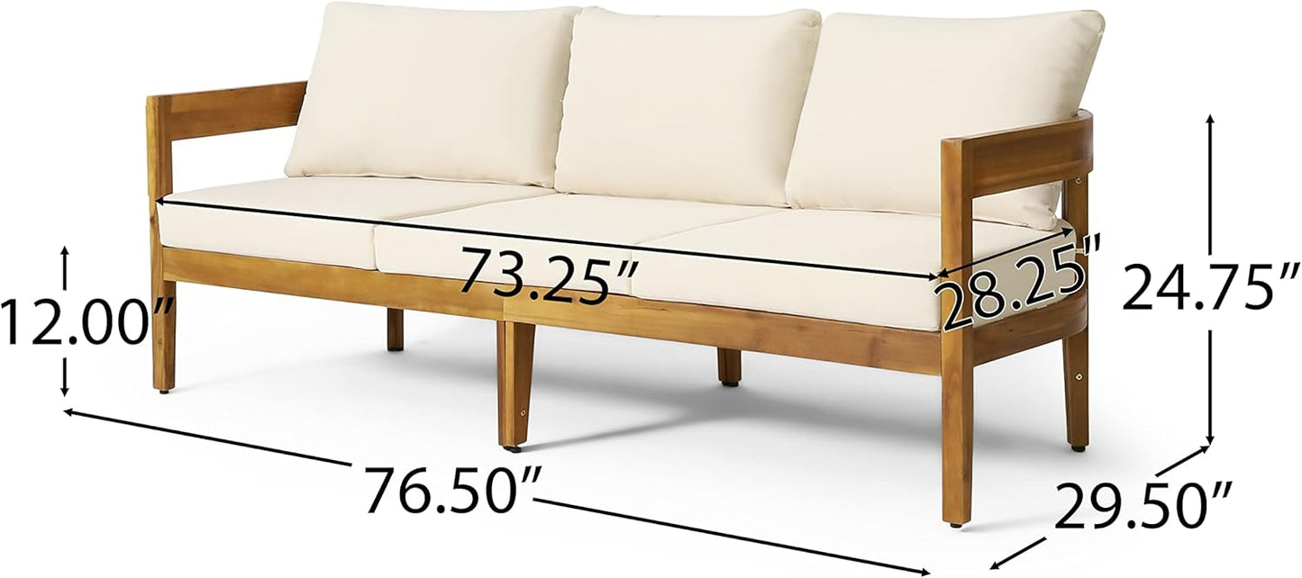 Christopher Knight Home Brooklyn Outdoor 3 Seater Sofa with Cushions - Acacia Wood - Teak/Beige