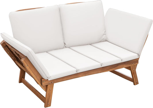 Devoko Outdoor Couch Acacia Wood Patio Couch with Adjustable Armrests,Outdoor Convertible Sofa with Removable Cushions&Pillows for Patio, Porch, Poolside(White)