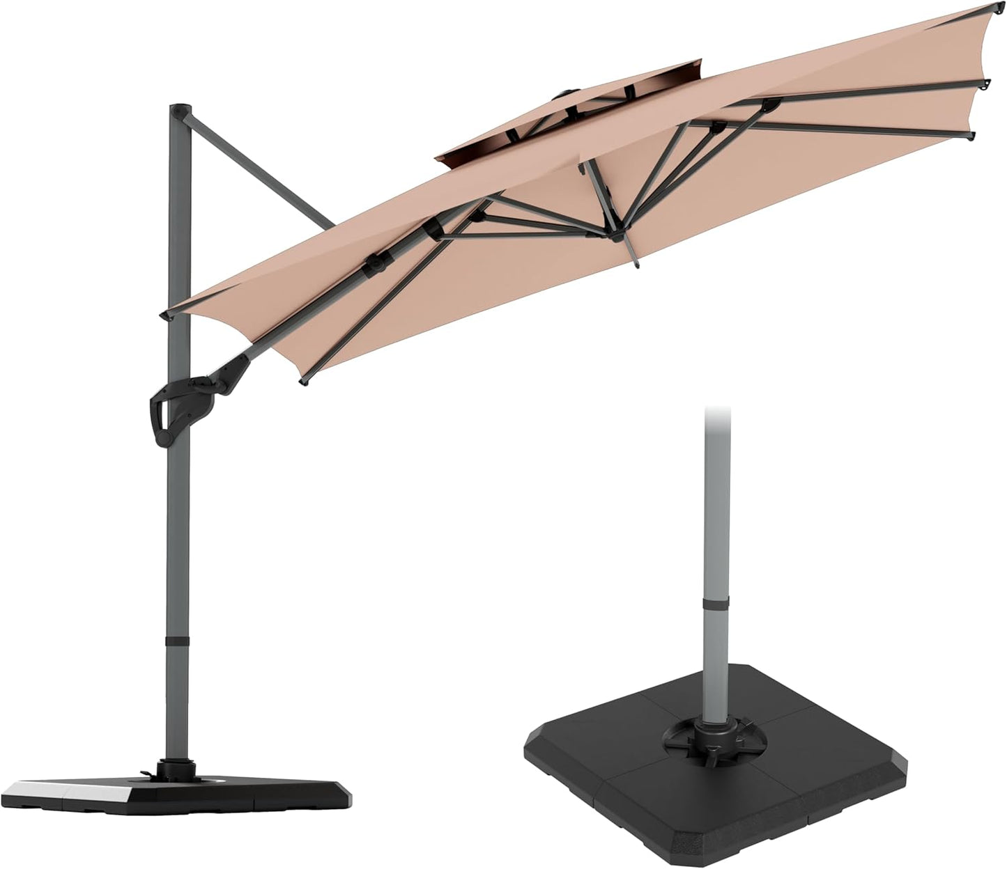 PHI VILLA 10ft Patio Cantilever Umbrella With Base, 360° Rotation & Infinite Tilt Aluminum Square Double Top Outdoor Offset Umbrella, Heavy Duty for Garden Poolside Backyard, Beige