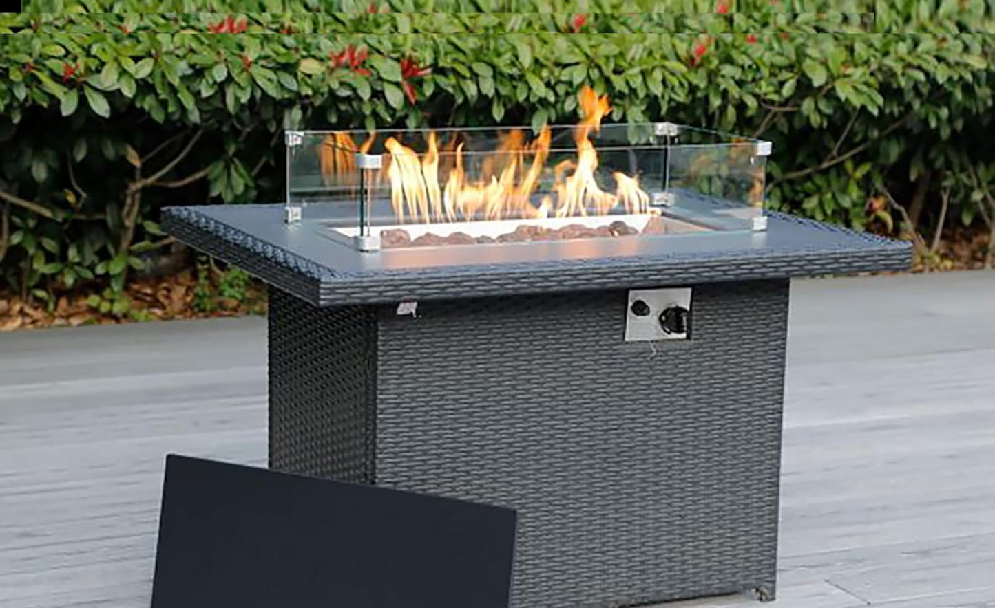 7 Piece Outdoor Patio Furniture Black Wicker Conversation Set with Fully Assembled Sectional and 42-inch Propane Gas Fire Table