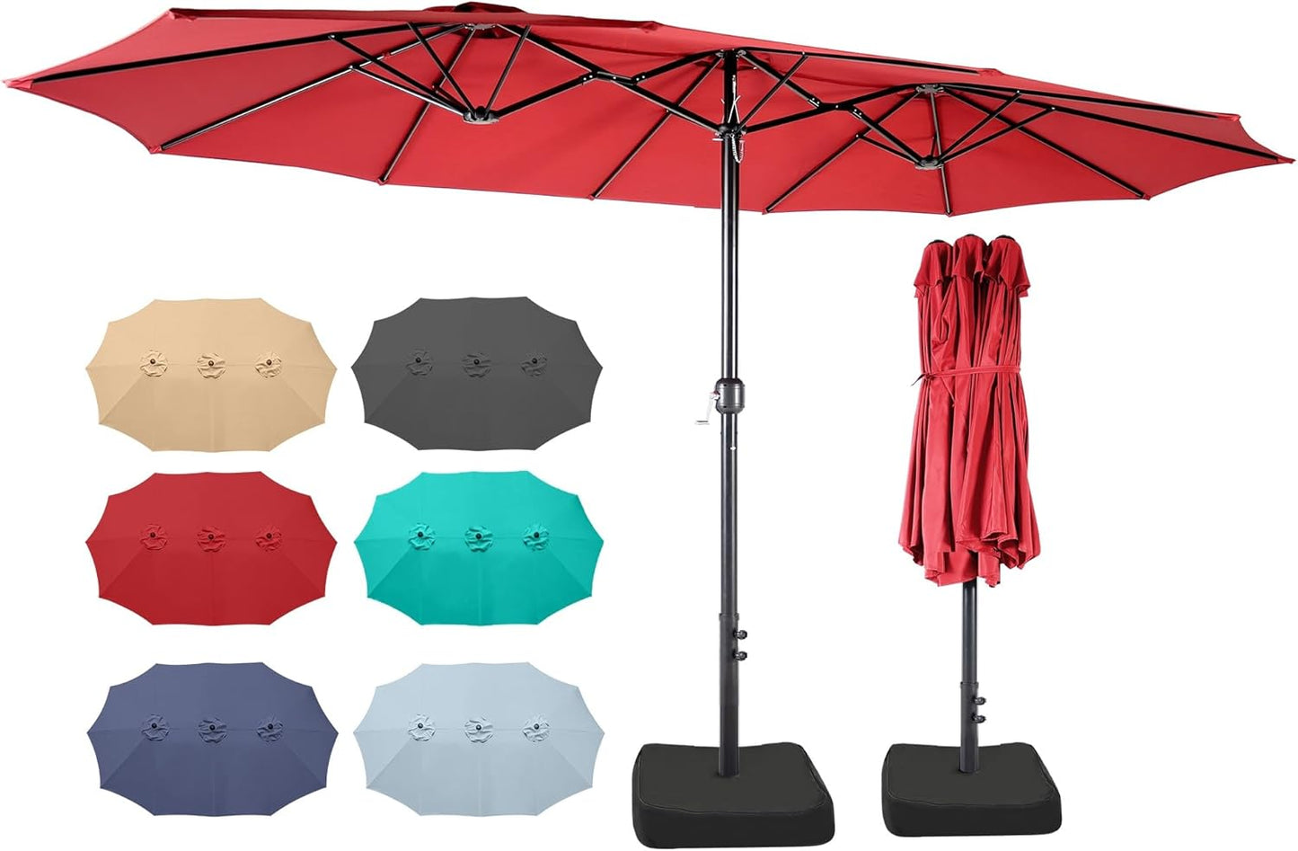 Bigroof 15ft x 9ft Patio Double-Sided Umbrella with Base & Crank, Extra Large Rectangular Outdoor Umbrella for Patio, Lawn & Garden, Beige