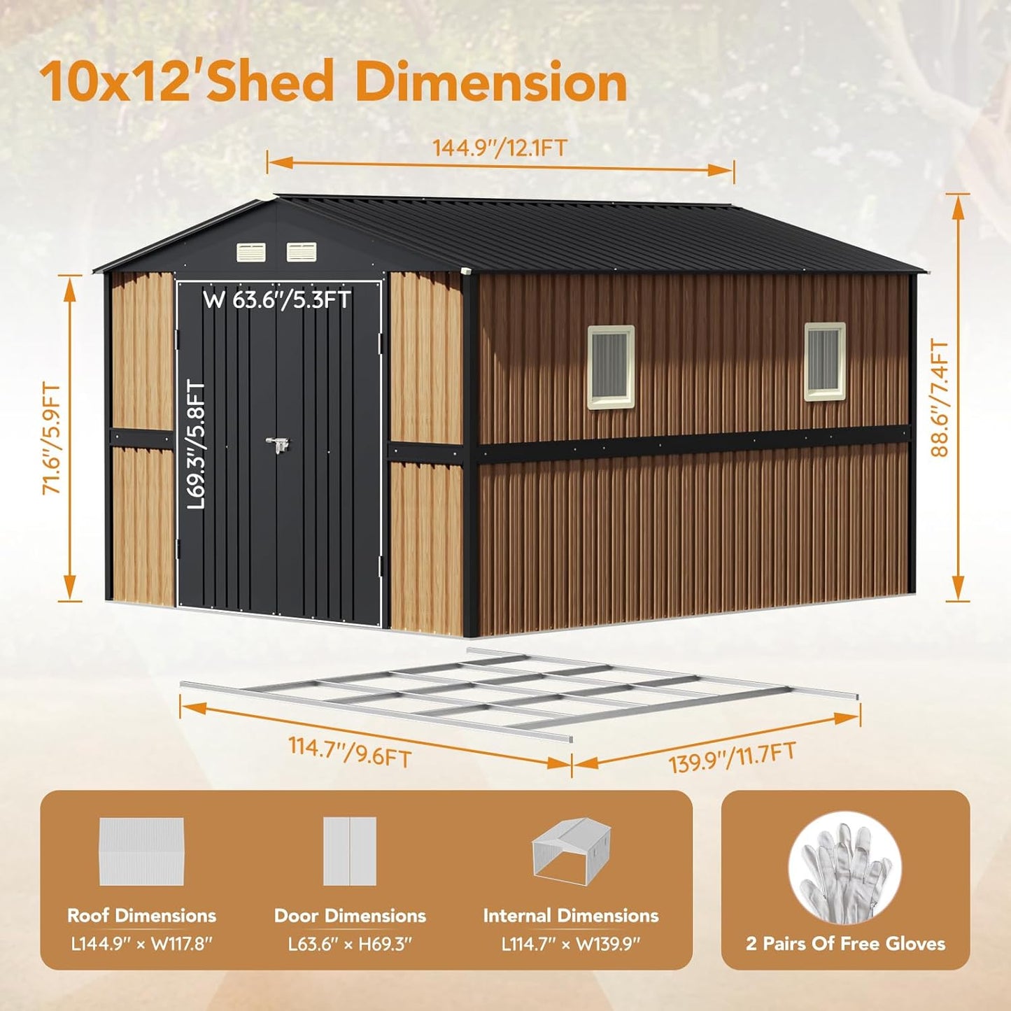 10X12 FT Outdoor Metal Storage Shed with Lockable Doors & 2 Windows, Storage Shed Large with Metal Frame Floor for Patio Storage, Garbage Can, Chicken Coop(Wood Panels Not Included)