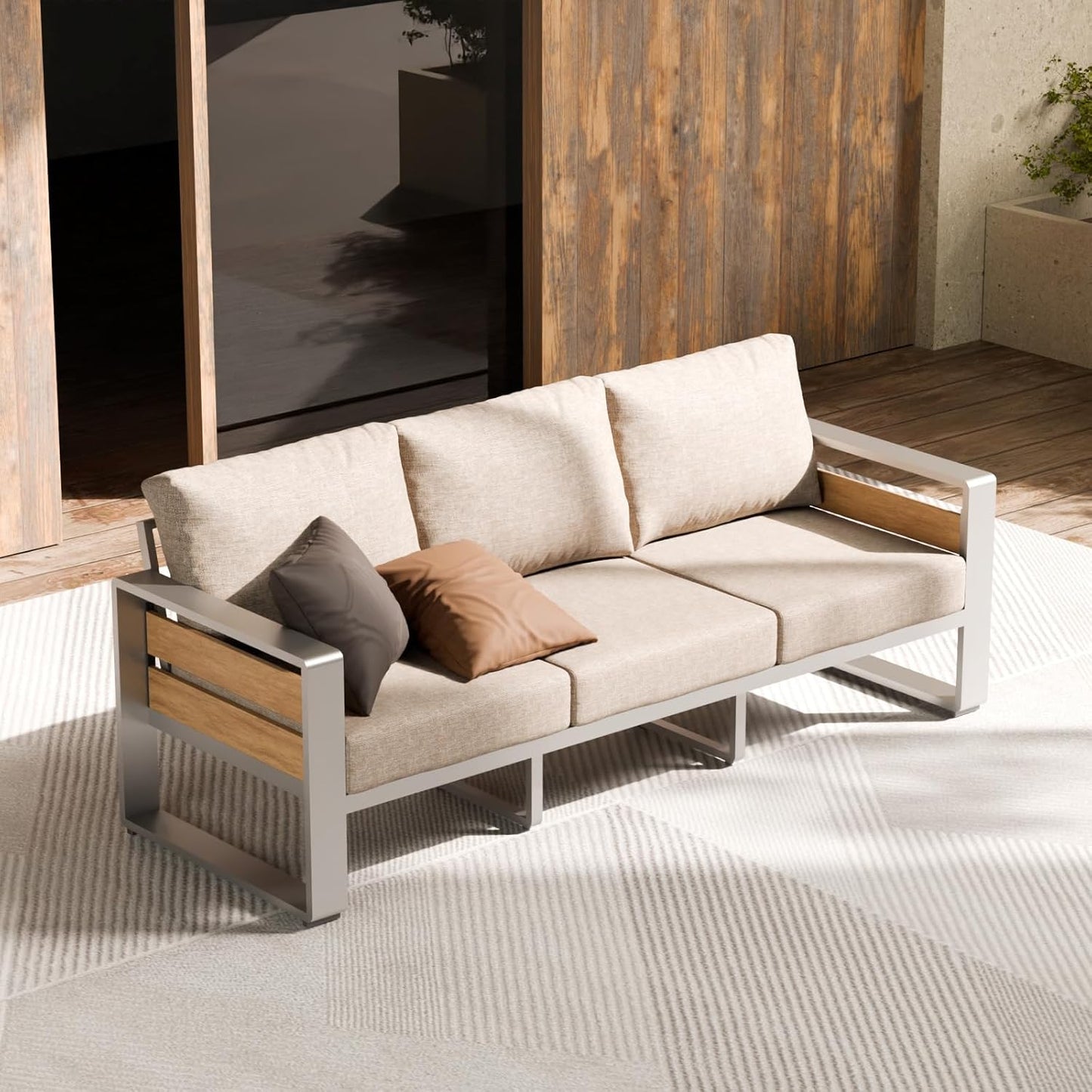 ZANDOR Outdoor Aluminum Patio Furniture - 1 Pcs 3-Seat, All-Weather Metal Modern Outside Sofa with Washable Thick Cushion for Garden/Backyard/Porch, Grey