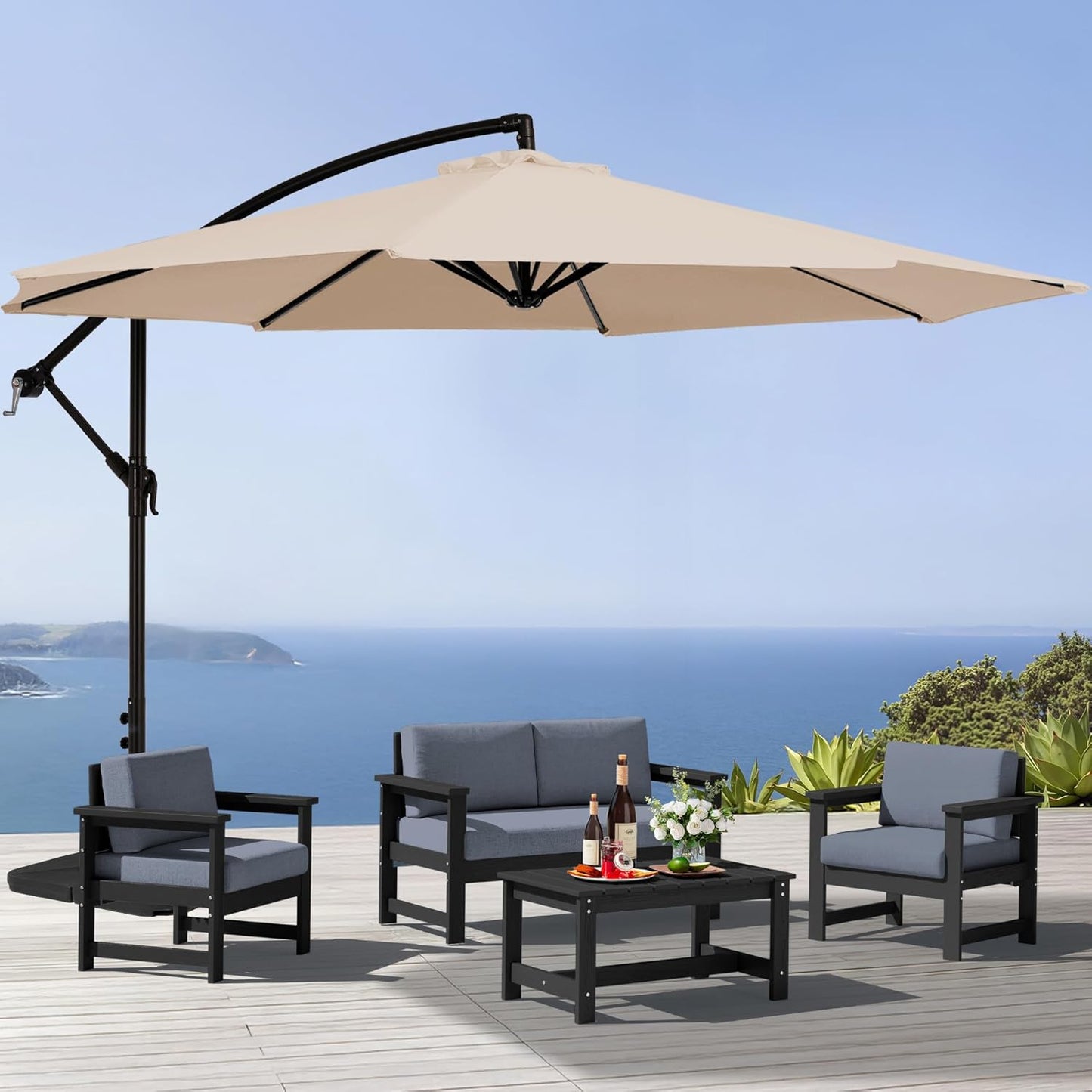 SERWALL 8 Pieces HDPE Outdoor Conversation Sofa Set with Cushions, All Weather Use Patio Couch Loveseat Furniture with Side Table for Balcony, Deck, Poolside, Black Frame with Khaki Cushions