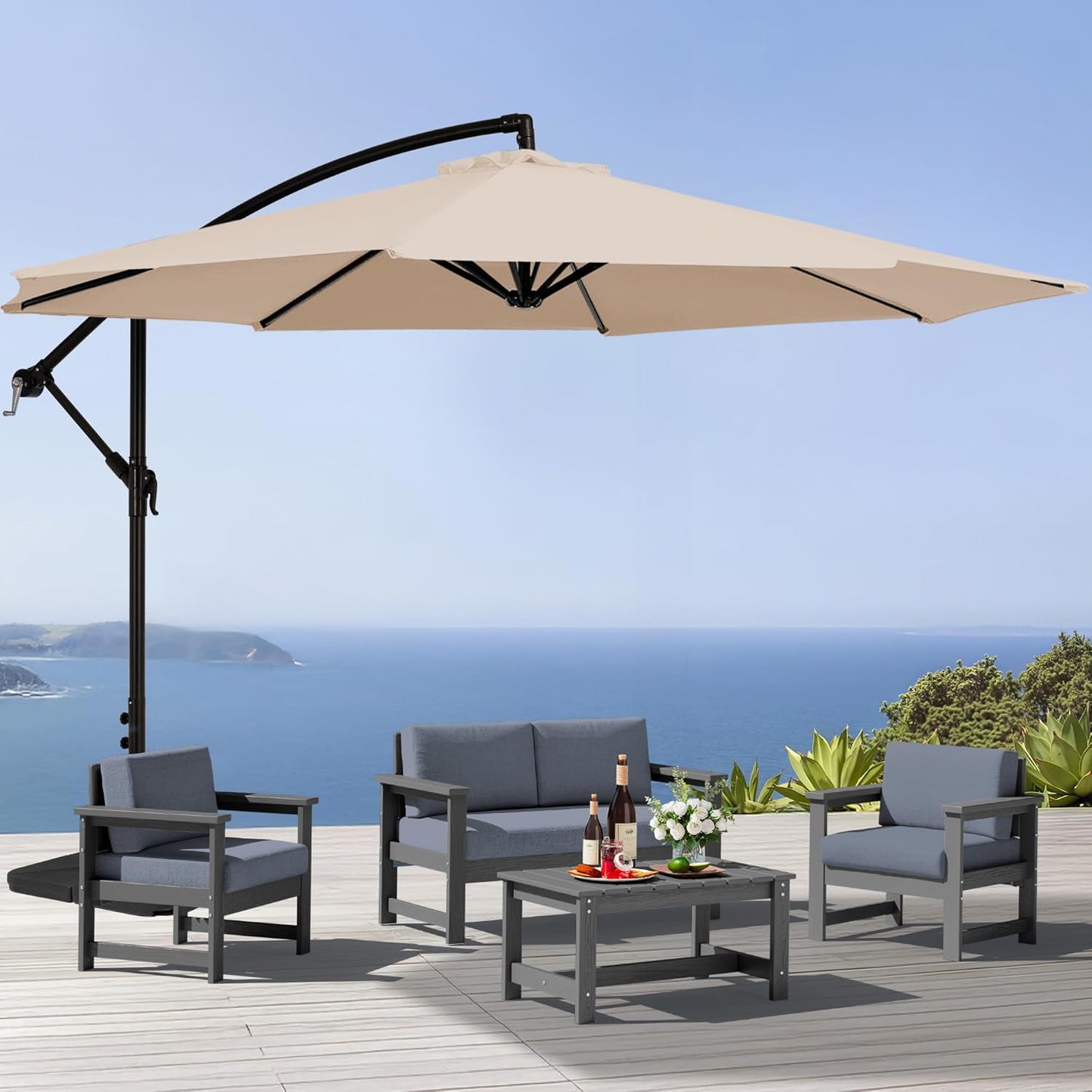 SERWALL 8 Pieces HDPE Outdoor Conversation Sofa Set with Cushions, All Weather Use Patio Couch Loveseat Furniture with Side Table for Balcony, Deck, Poolside, Black Frame with Khaki Cushions