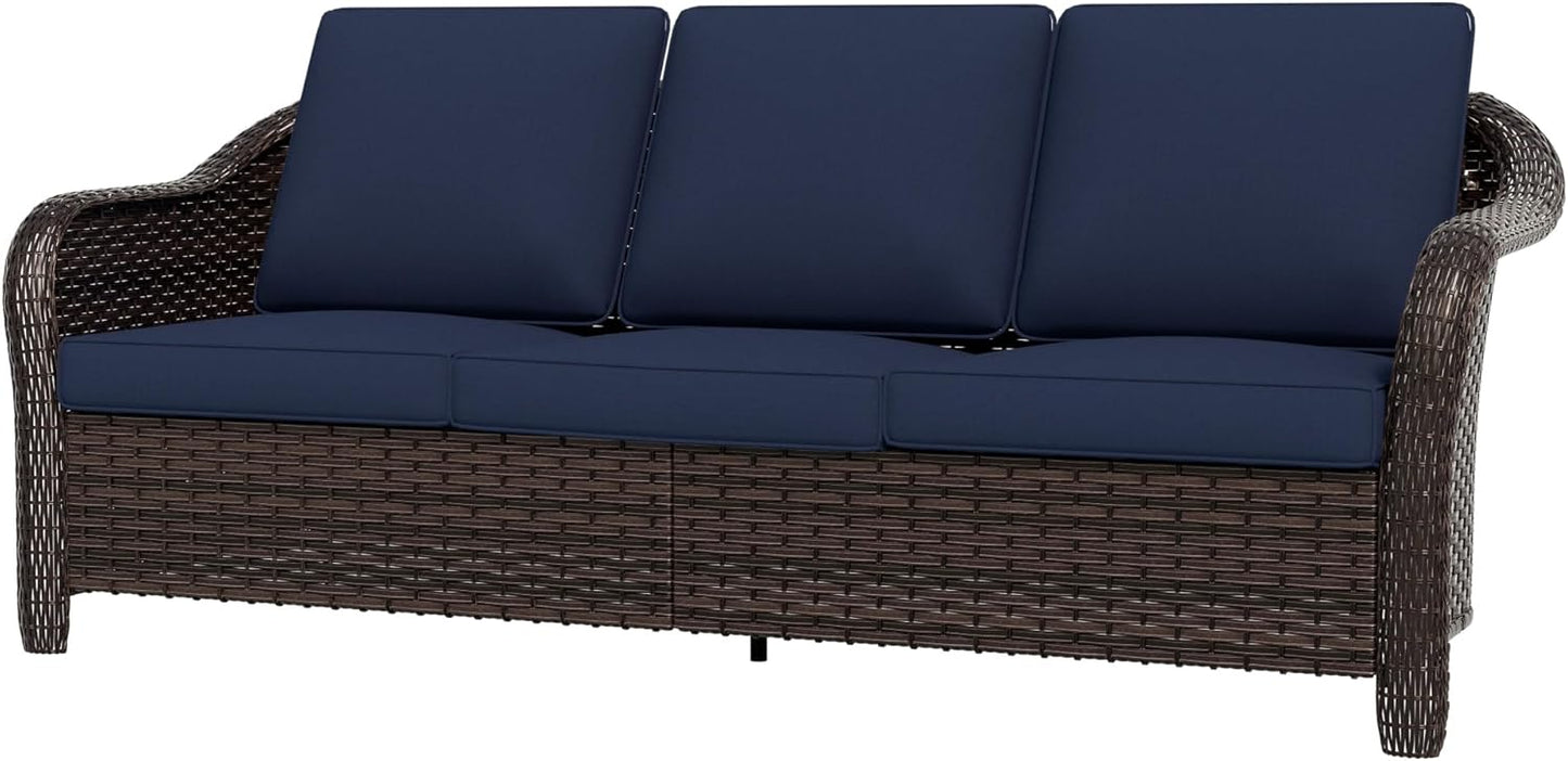 77 inch Outdoor Wicker 3 Seater Sofa, All-Weather Use Patio Rattan Sofa with Seat and Back Cushion, Ideal for Porch, Backyard, Balcony, Poolside, Beige