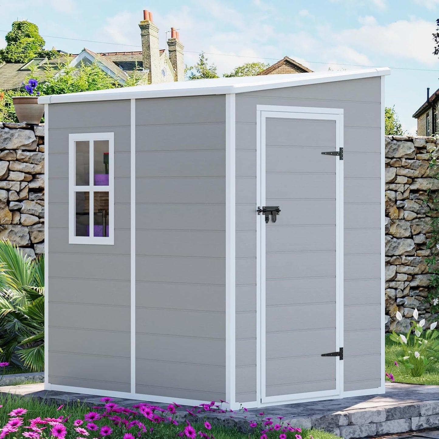 8x6x7 FT Resin Storage Shed, Waterproof Outdoor Storage Shed w/Floor, 2 Windows, Double Lockable Doors & Vents, Tool Shed for Patio Garden, Lawn, Backyard, Dove Grey