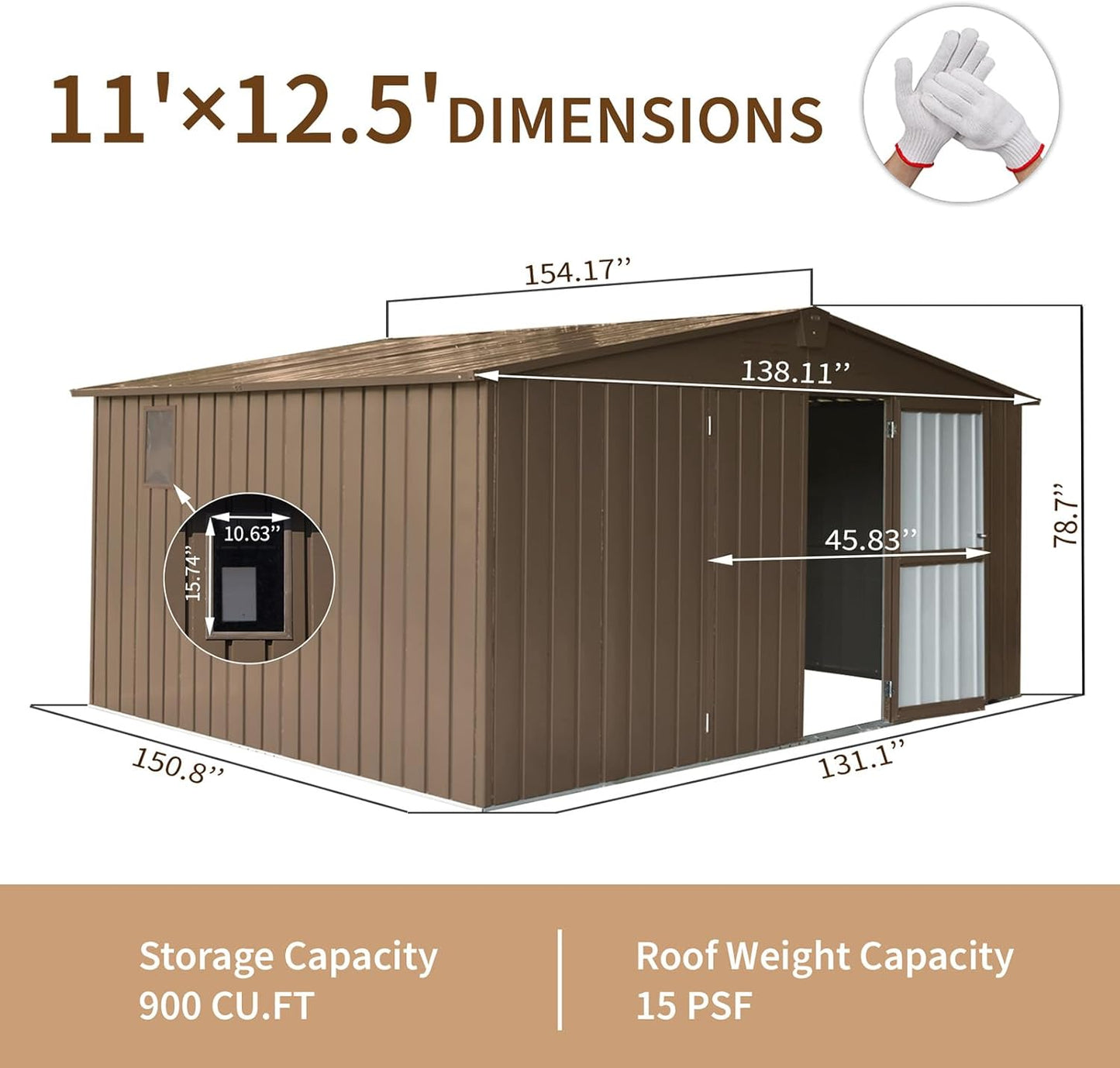 Large Storage Shed 11x12.5ft with Windows, Galvanized Steel Outdoor Garden Shed - 900 Cu.Ft Utility Tool Room, Lockable Double Doors & Sloped Roof for Patio, Backyard (Brown)
